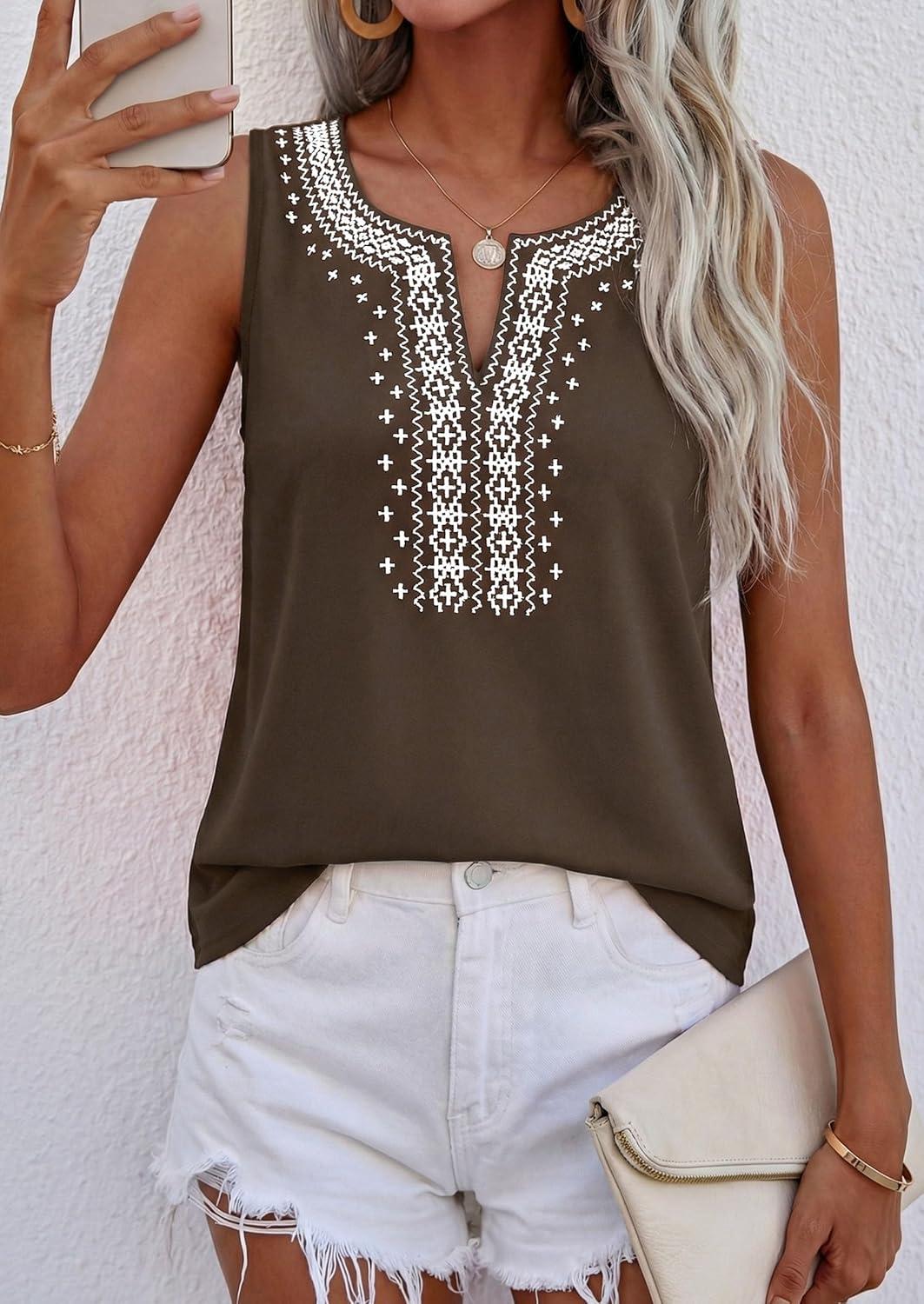 imagePRETTYGARDEN Womens Tank Tops 2026 Summer Causal V Neck Sleeveless Shirts Floral Print Embroidered Beach Vacation Boho TopBrown