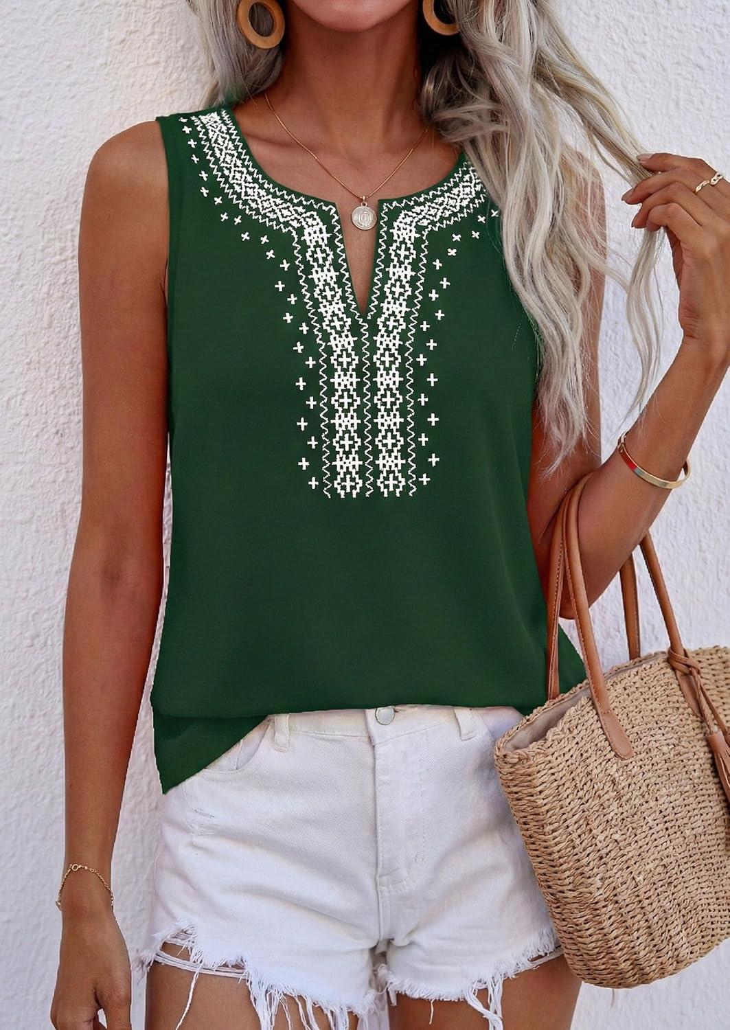 imagePRETTYGARDEN Womens Tank Tops 2026 Summer Causal V Neck Sleeveless Shirts Floral Print Embroidered Beach Vacation Boho TopDark Green