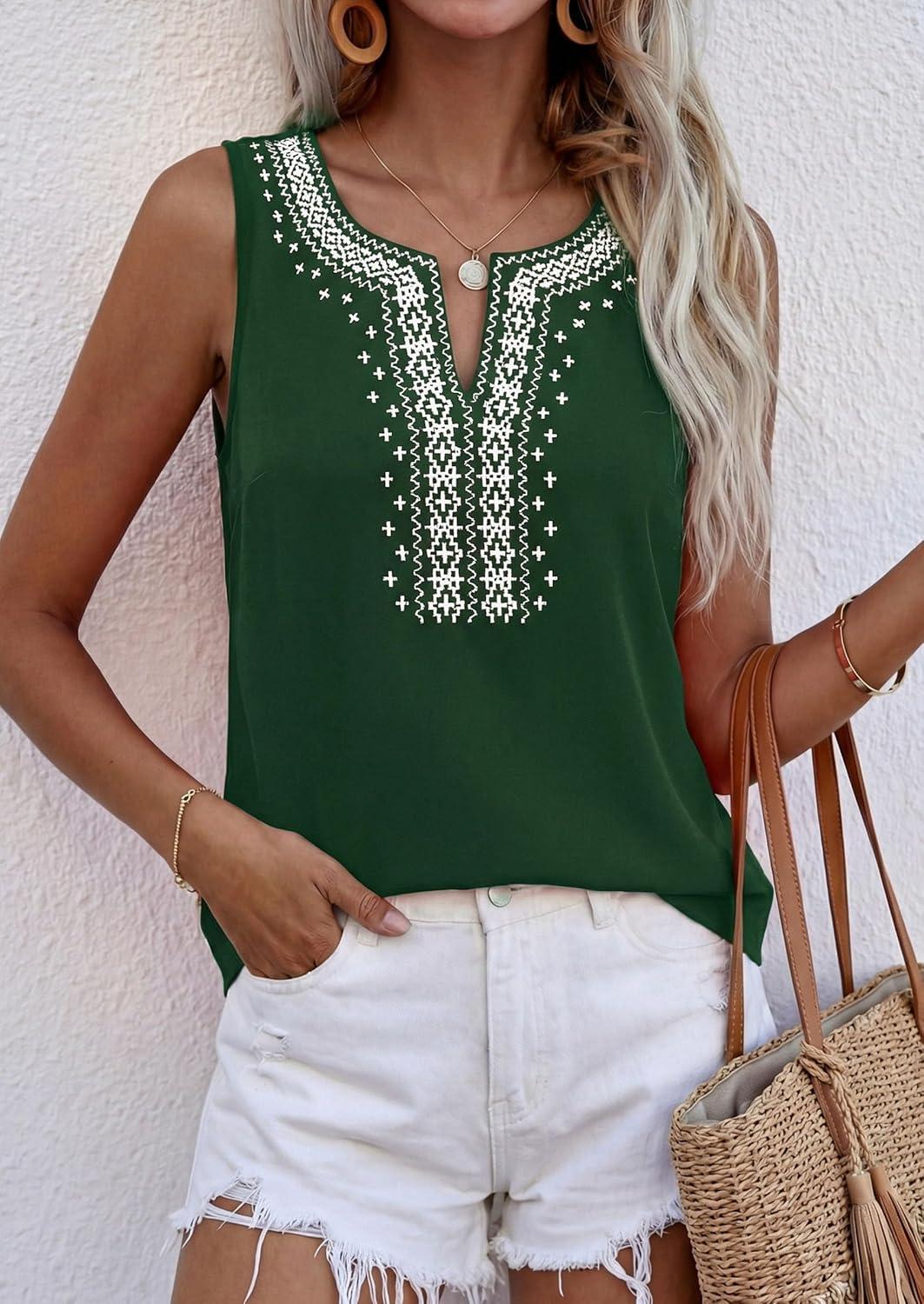 imagePRETTYGARDEN Womens Tank Tops 2026 Summer Causal V Neck Sleeveless Shirts Floral Print Embroidered Beach Vacation Boho TopDark Green