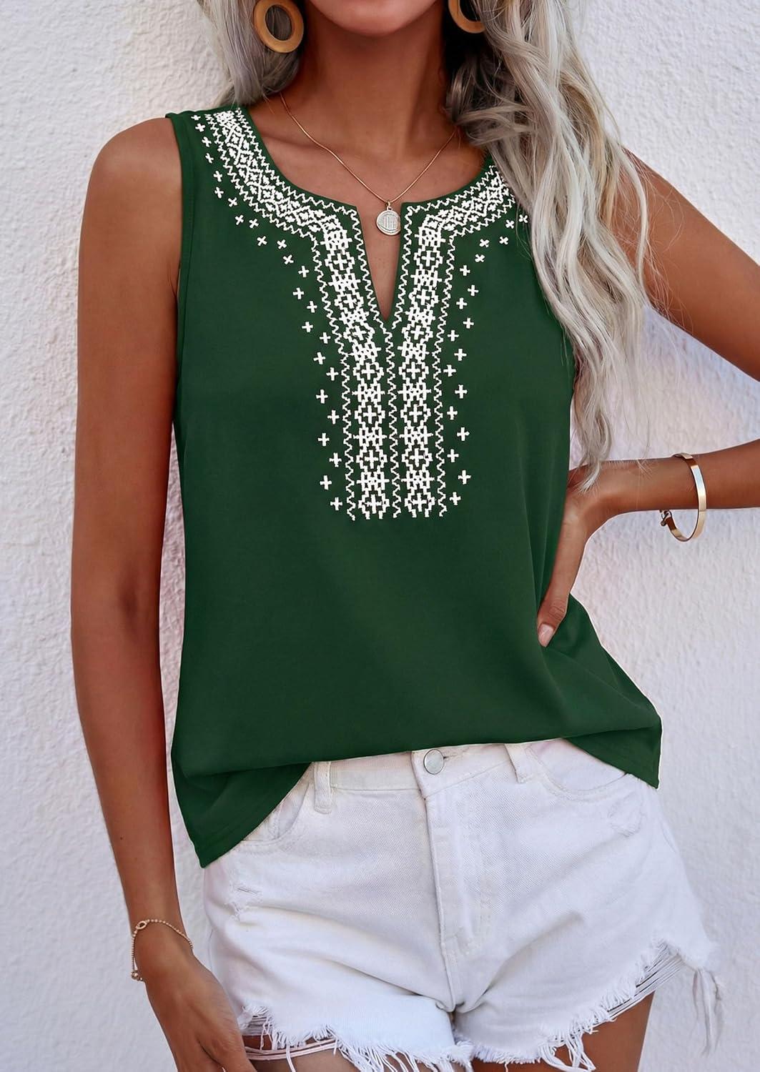 imagePRETTYGARDEN Womens Tank Tops 2026 Summer Causal V Neck Sleeveless Shirts Floral Print Embroidered Beach Vacation Boho TopDark Green