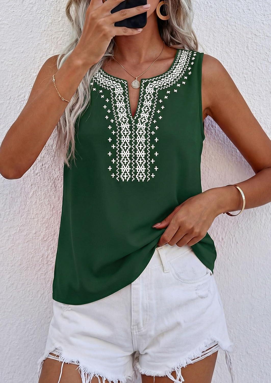 imagePRETTYGARDEN Womens Tank Tops 2026 Summer Causal V Neck Sleeveless Shirts Floral Print Embroidered Beach Vacation Boho TopDark Green