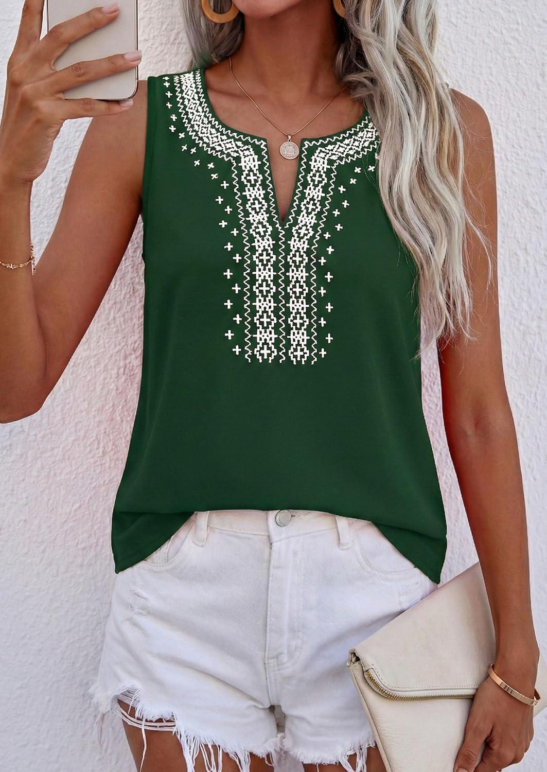 imagePRETTYGARDEN Womens Tank Tops 2026 Summer Causal V Neck Sleeveless Shirts Floral Print Embroidered Beach Vacation Boho TopDark Green