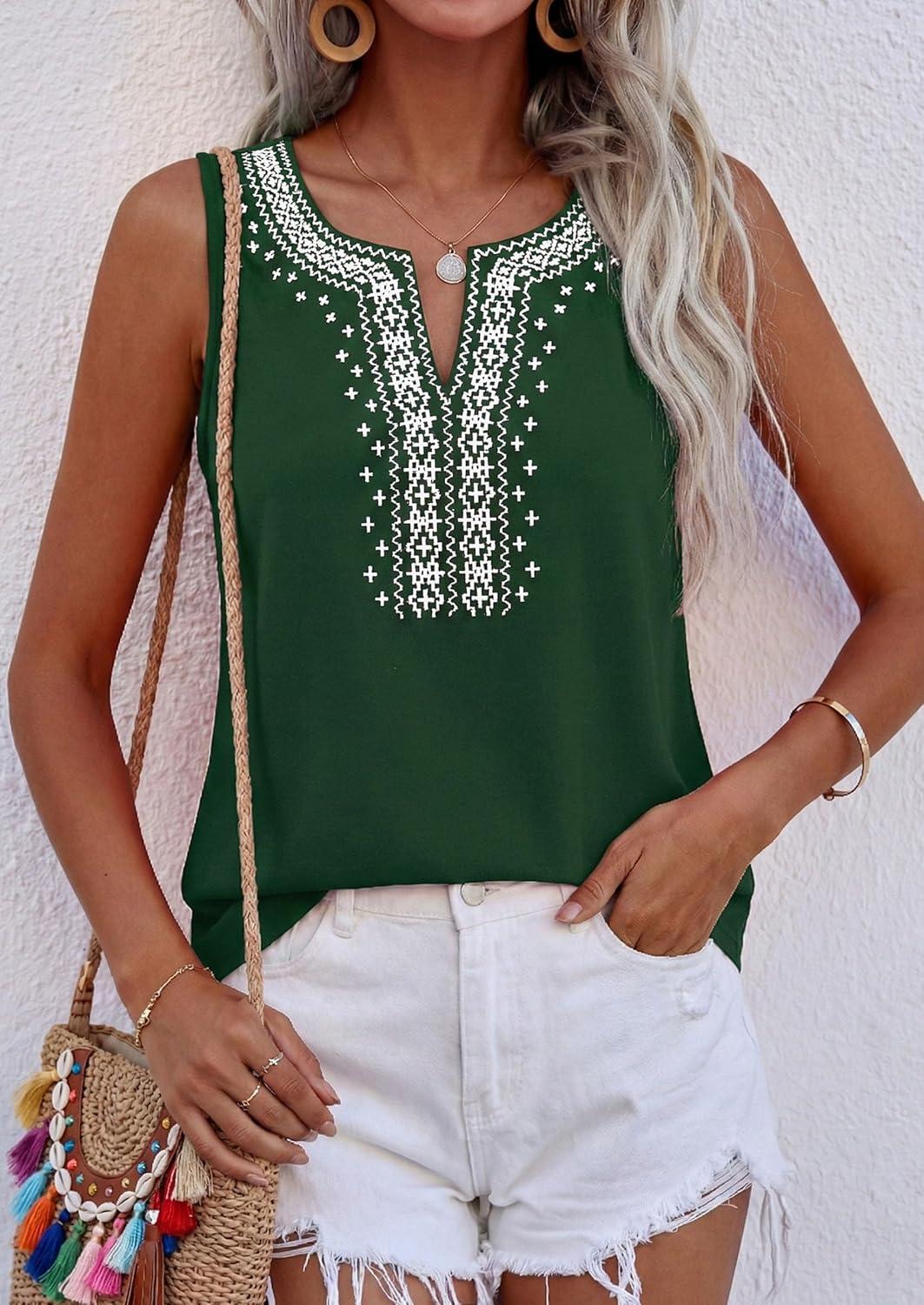 imagePRETTYGARDEN Womens Tank Tops 2026 Summer Causal V Neck Sleeveless Shirts Floral Print Embroidered Beach Vacation Boho TopDark Green