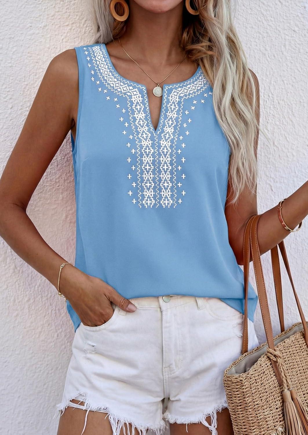 imagePRETTYGARDEN Womens Tank Tops 2026 Summer Causal V Neck Sleeveless Shirts Floral Print Embroidered Beach Vacation Boho TopLight Blue