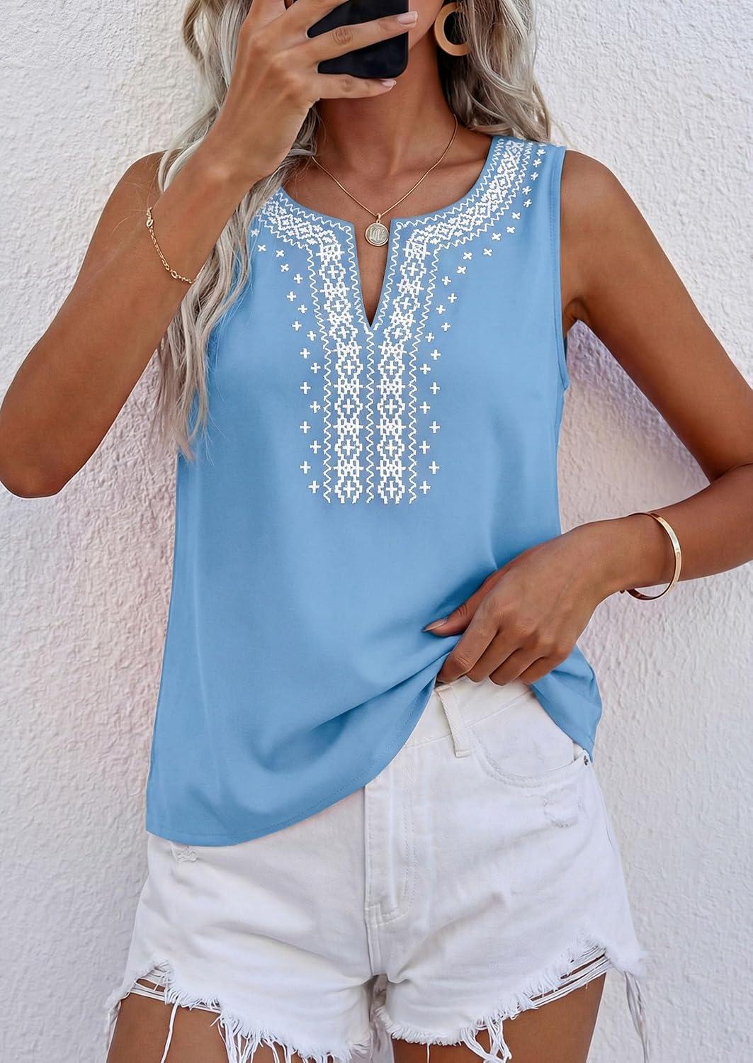 imagePRETTYGARDEN Womens Tank Tops 2026 Summer Causal V Neck Sleeveless Shirts Floral Print Embroidered Beach Vacation Boho TopLight Blue