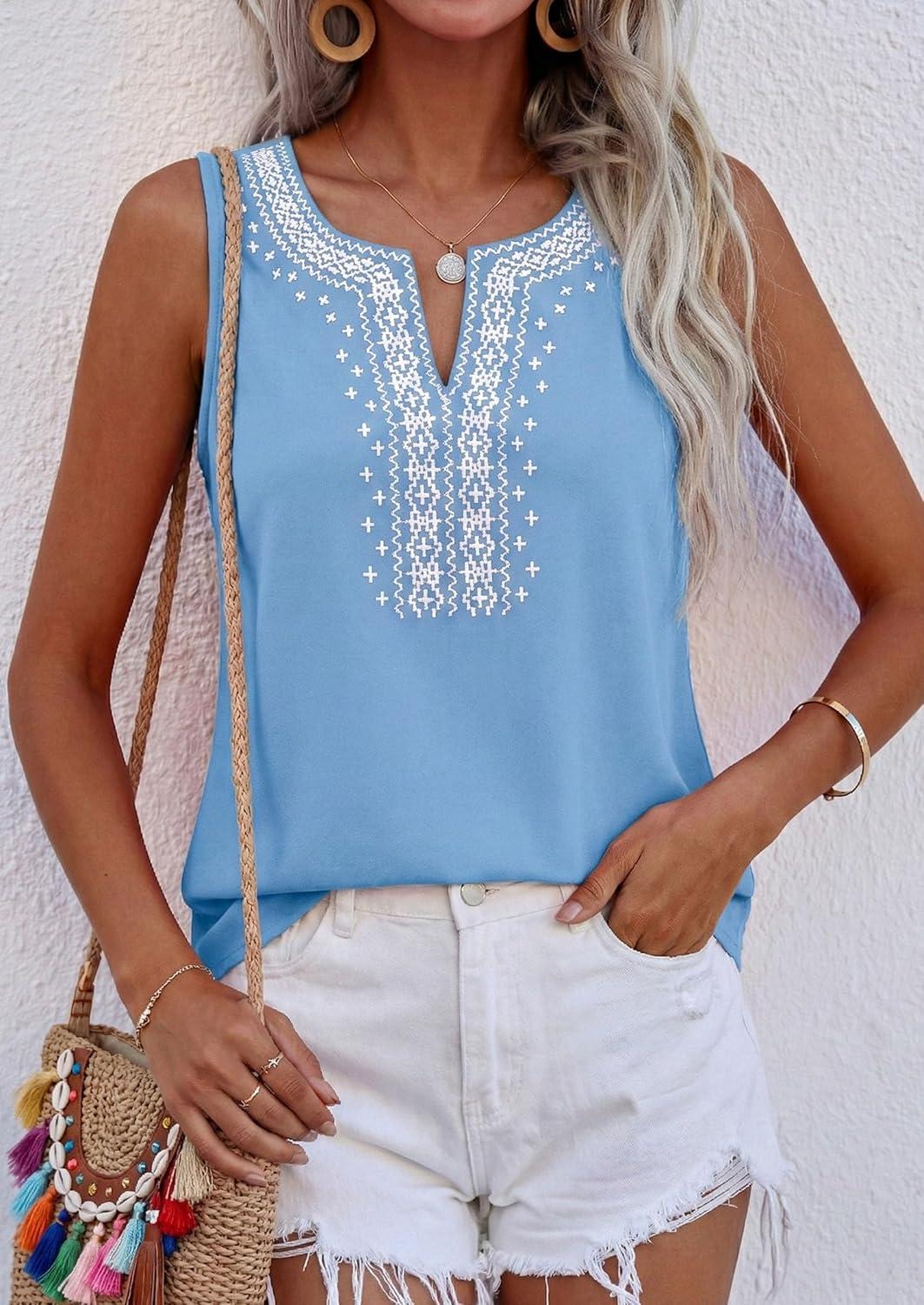 imagePRETTYGARDEN Womens Tank Tops 2026 Summer Causal V Neck Sleeveless Shirts Floral Print Embroidered Beach Vacation Boho TopLight Blue