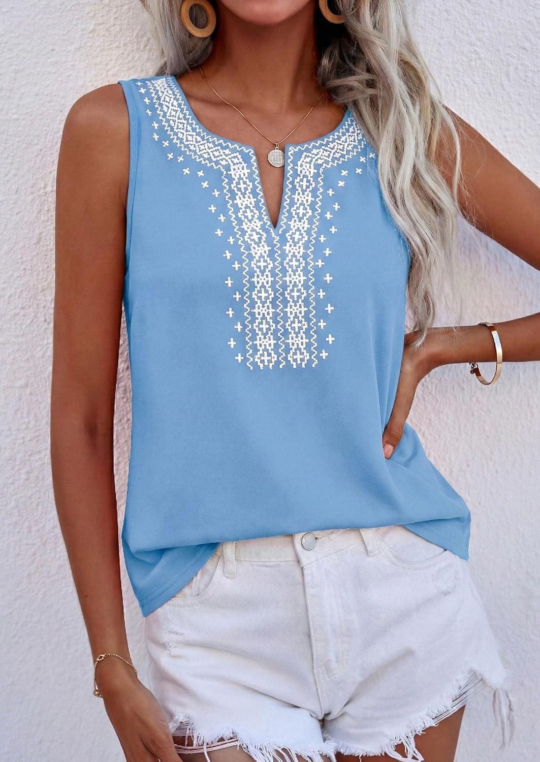 imagePRETTYGARDEN Womens Tank Tops 2026 Summer Causal V Neck Sleeveless Shirts Floral Print Embroidered Beach Vacation Boho TopLight Blue