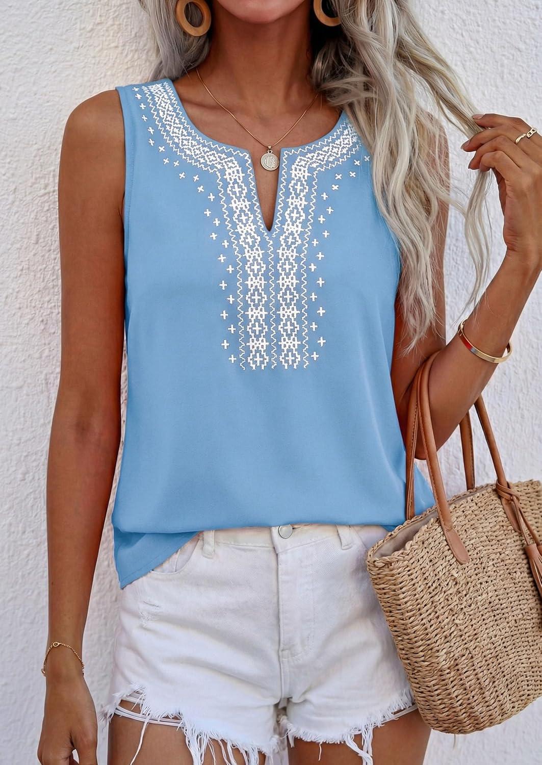 imagePRETTYGARDEN Womens Tank Tops 2026 Summer Causal V Neck Sleeveless Shirts Floral Print Embroidered Beach Vacation Boho TopLight Blue