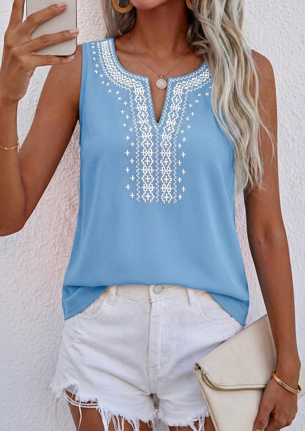 imagePRETTYGARDEN Womens Tank Tops 2026 Summer Causal V Neck Sleeveless Shirts Floral Print Embroidered Beach Vacation Boho TopLight Blue