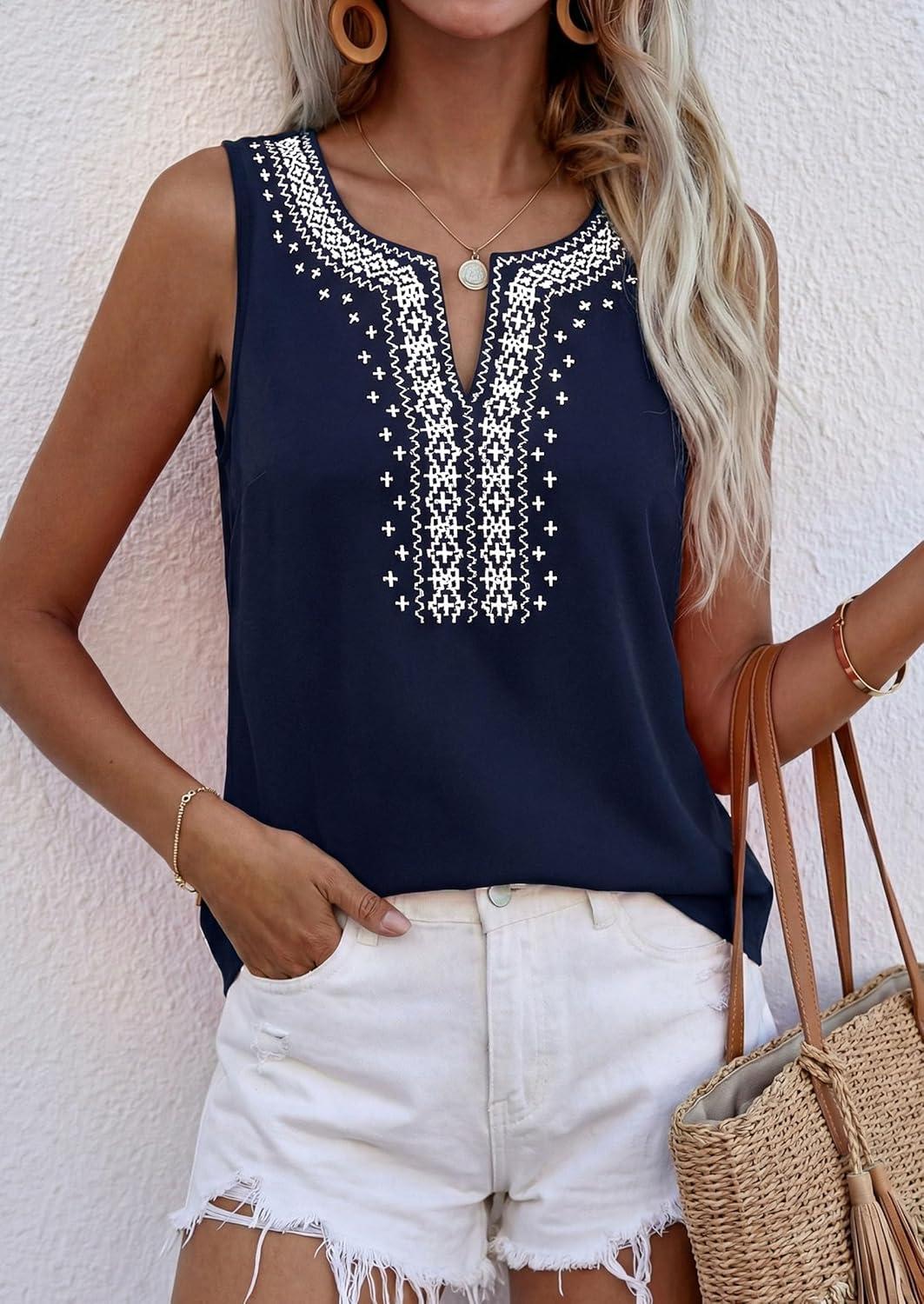 imagePRETTYGARDEN Womens Tank Tops 2026 Summer Causal V Neck Sleeveless Shirts Floral Print Embroidered Beach Vacation Boho TopNavy