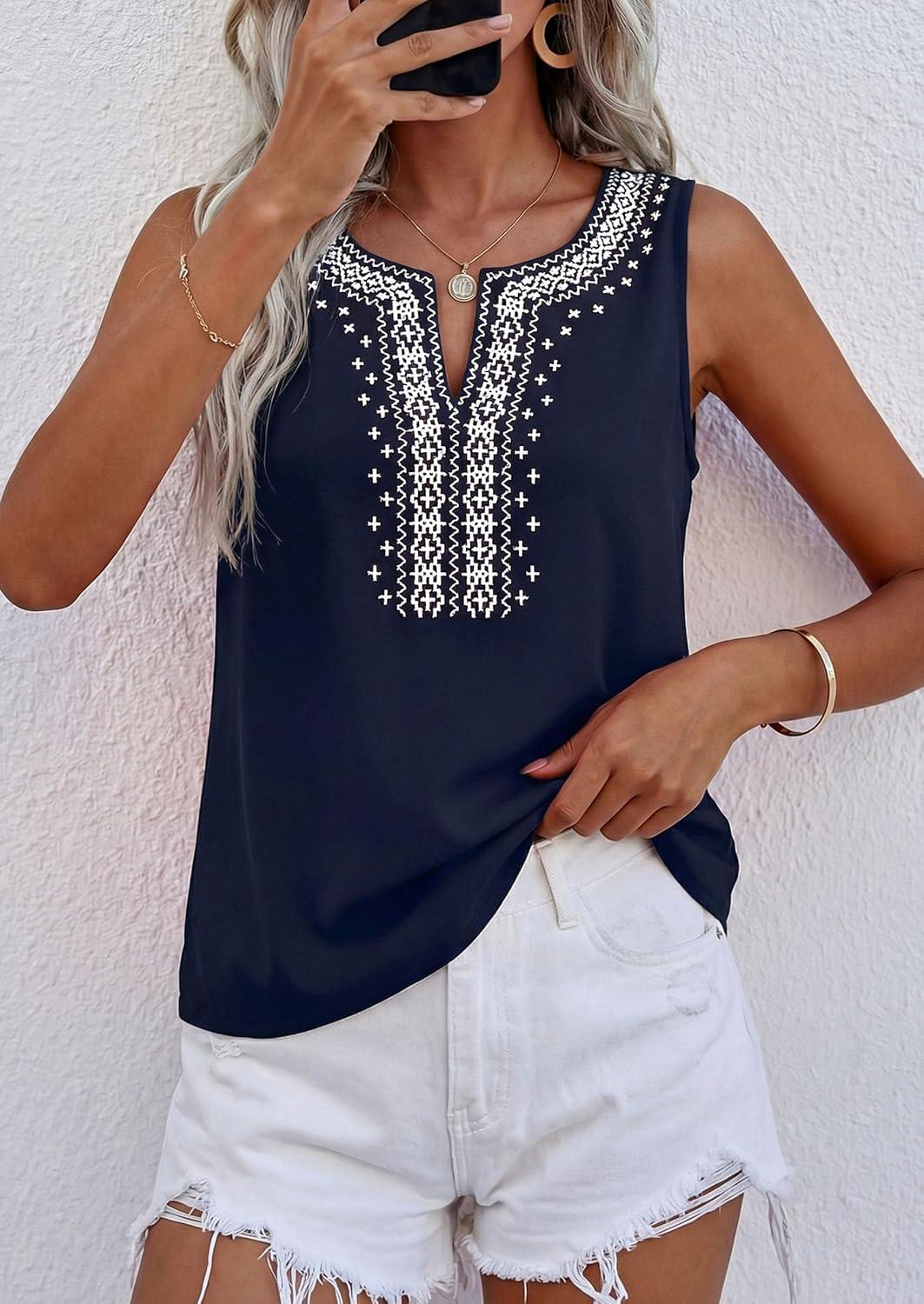 imagePRETTYGARDEN Womens Tank Tops 2026 Summer Causal V Neck Sleeveless Shirts Floral Print Embroidered Beach Vacation Boho TopNavy
