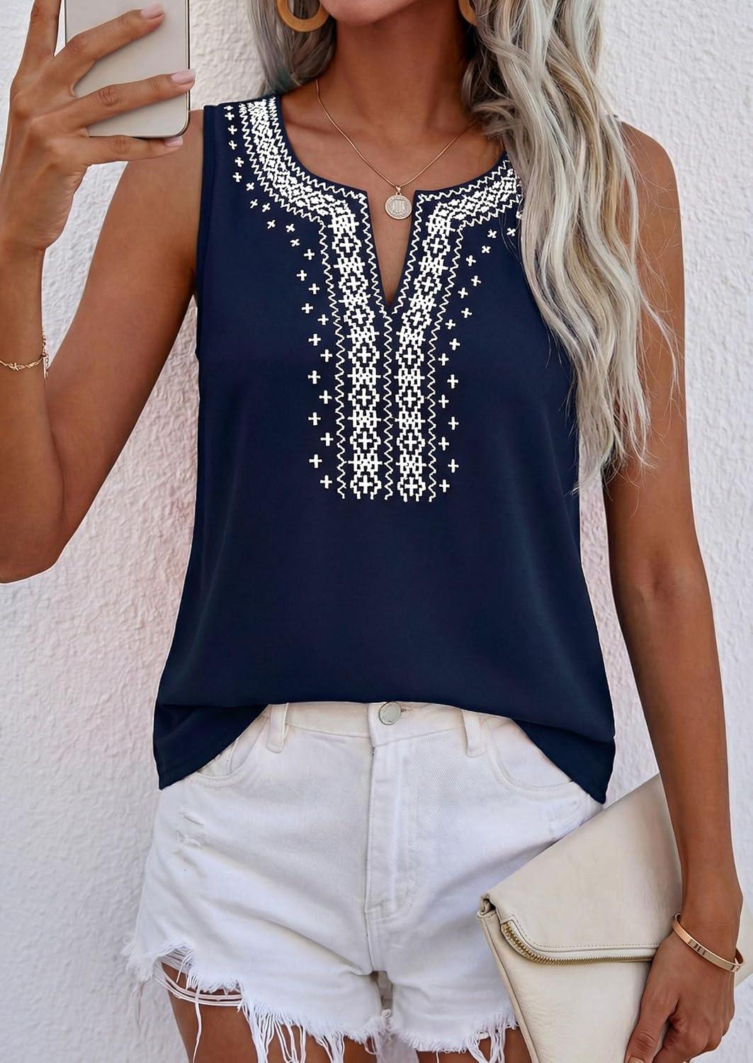 imagePRETTYGARDEN Womens Tank Tops 2026 Summer Causal V Neck Sleeveless Shirts Floral Print Embroidered Beach Vacation Boho TopNavy
