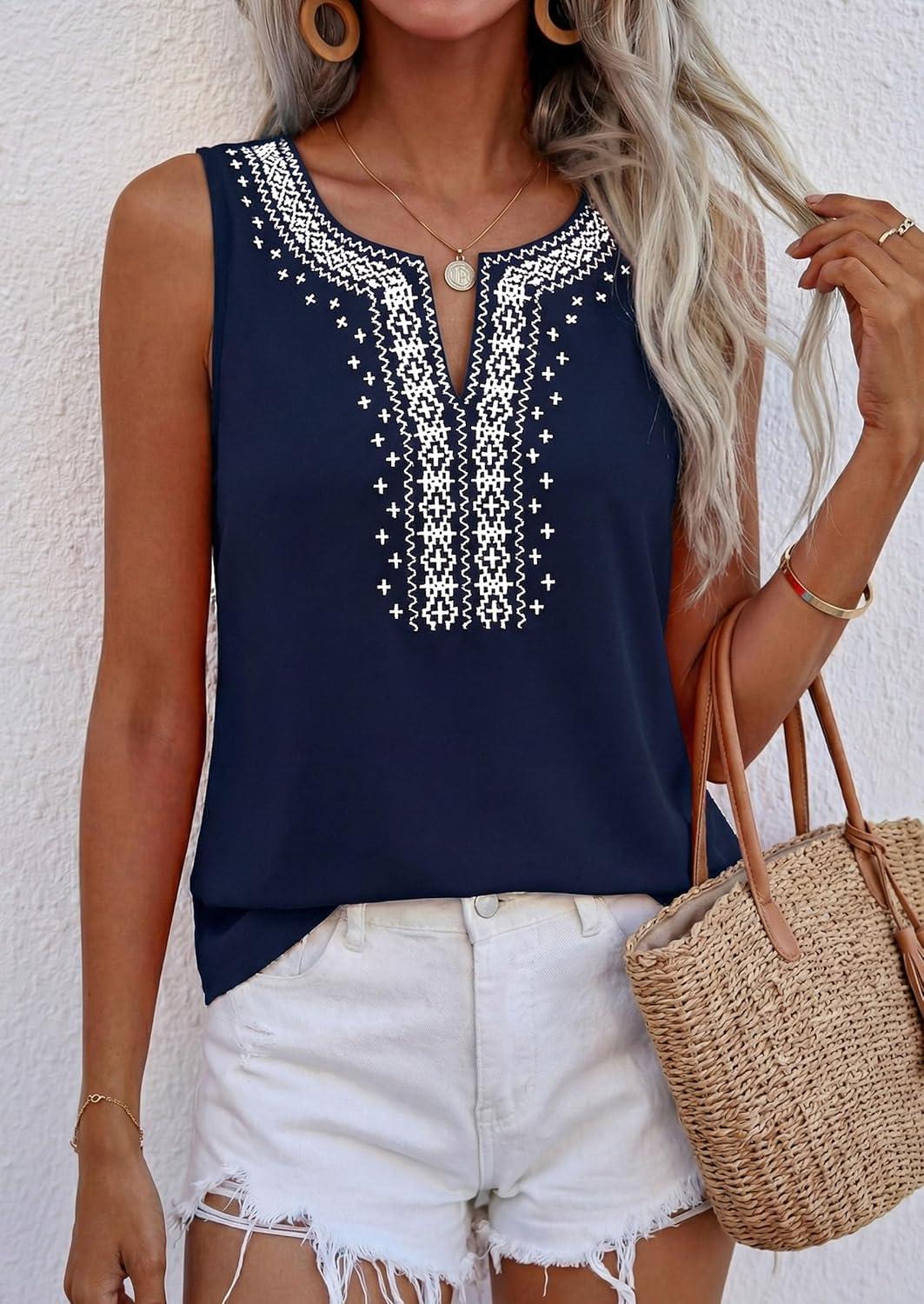 imagePRETTYGARDEN Womens Tank Tops 2026 Summer Causal V Neck Sleeveless Shirts Floral Print Embroidered Beach Vacation Boho TopNavy