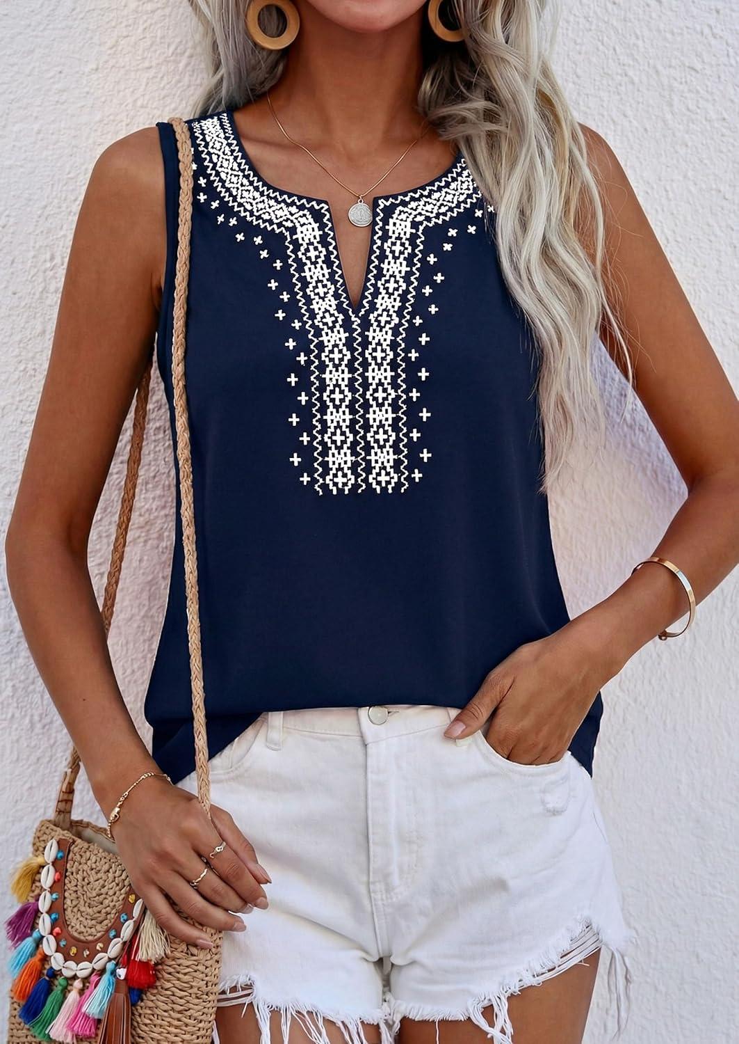 imagePRETTYGARDEN Womens Tank Tops 2026 Summer Causal V Neck Sleeveless Shirts Floral Print Embroidered Beach Vacation Boho TopNavy