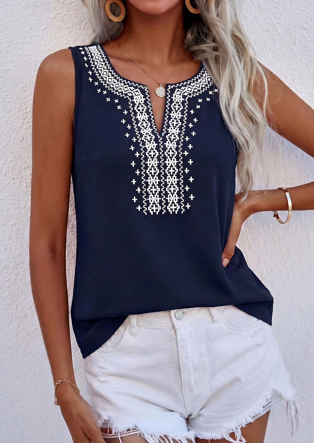 imagePRETTYGARDEN Womens Tank Tops 2026 Summer Causal V Neck Sleeveless Shirts Floral Print Embroidered Beach Vacation Boho TopNavy