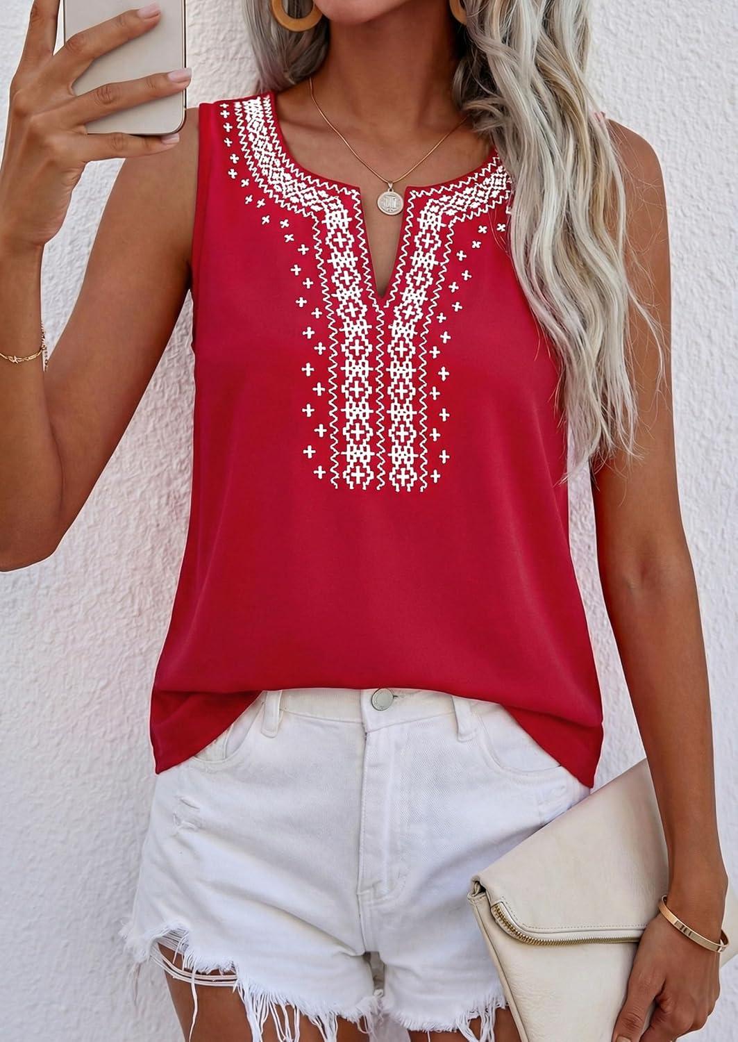 imagePRETTYGARDEN Womens Tank Tops 2026 Summer Causal V Neck Sleeveless Shirts Floral Print Embroidered Beach Vacation Boho TopRed