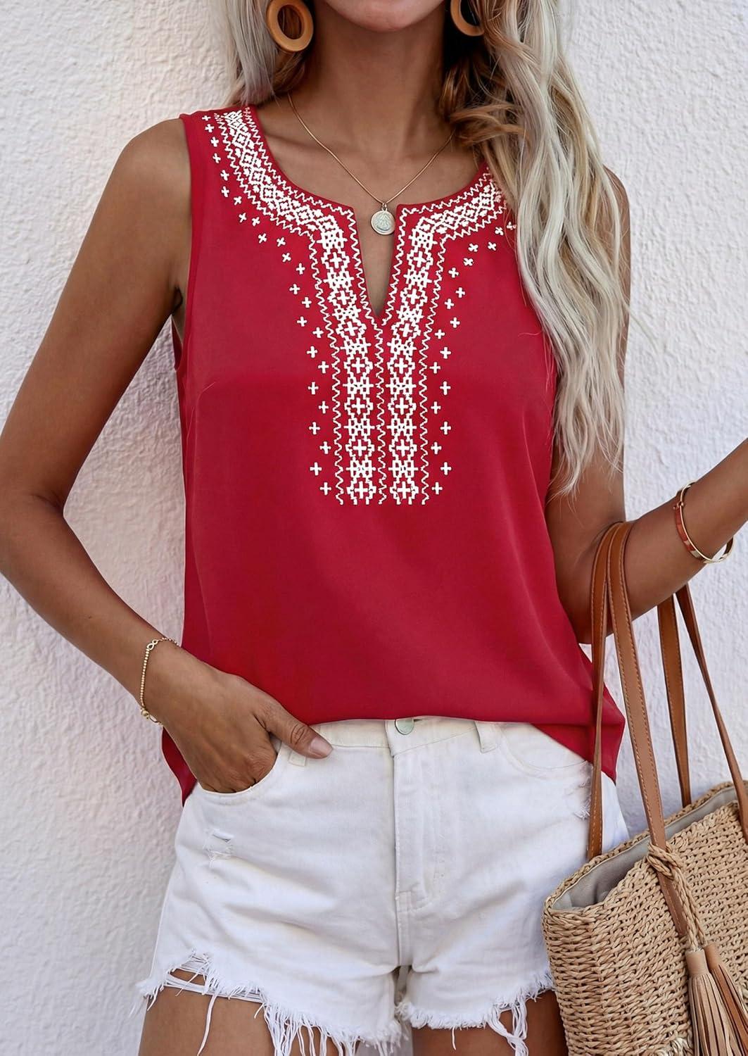 imagePRETTYGARDEN Womens Tank Tops 2026 Summer Causal V Neck Sleeveless Shirts Floral Print Embroidered Beach Vacation Boho TopRed