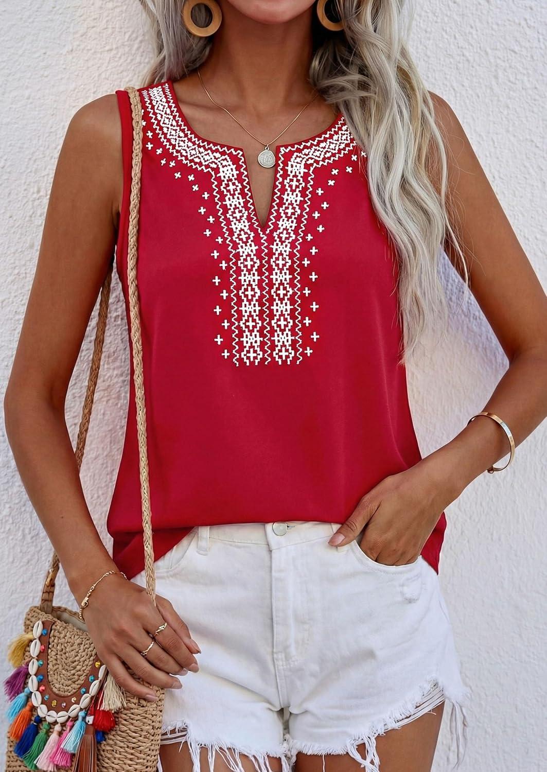imagePRETTYGARDEN Womens Tank Tops 2026 Summer Causal V Neck Sleeveless Shirts Floral Print Embroidered Beach Vacation Boho TopRed