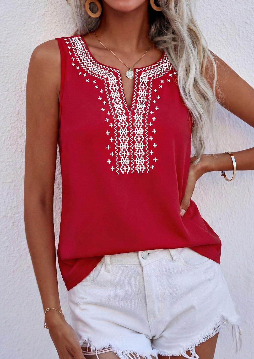 imagePRETTYGARDEN Womens Tank Tops 2026 Summer Causal V Neck Sleeveless Shirts Floral Print Embroidered Beach Vacation Boho TopRed