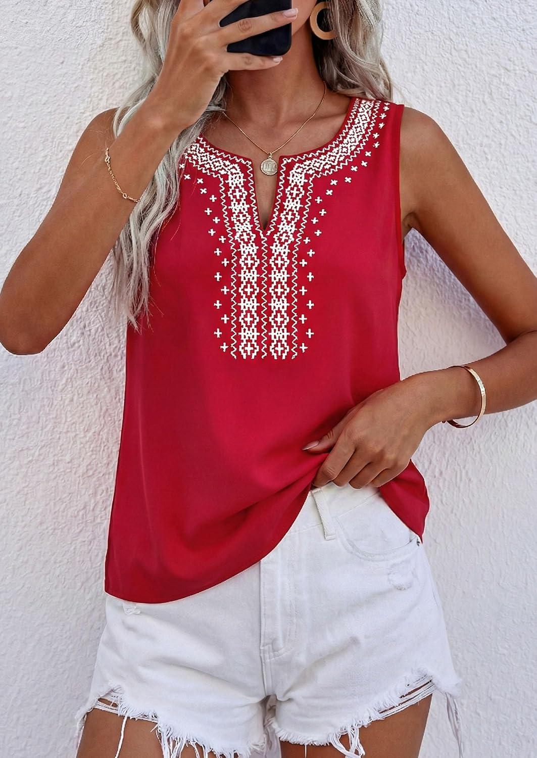 imagePRETTYGARDEN Womens Tank Tops 2026 Summer Causal V Neck Sleeveless Shirts Floral Print Embroidered Beach Vacation Boho TopRed