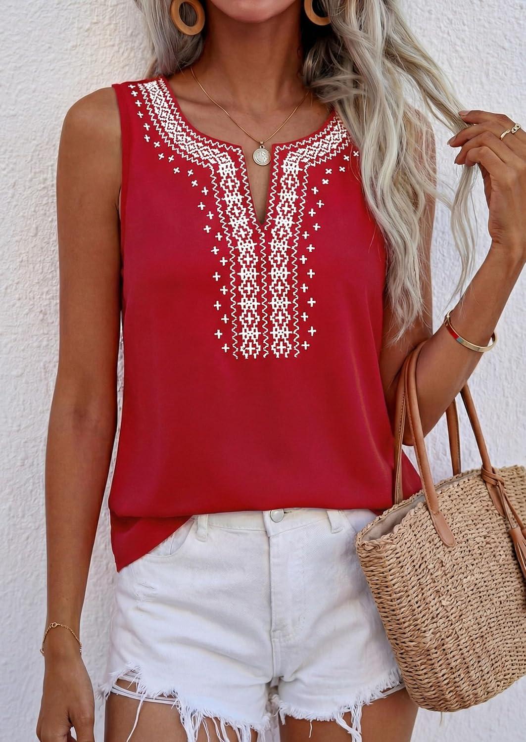 imagePRETTYGARDEN Womens Tank Tops 2026 Summer Causal V Neck Sleeveless Shirts Floral Print Embroidered Beach Vacation Boho TopRed