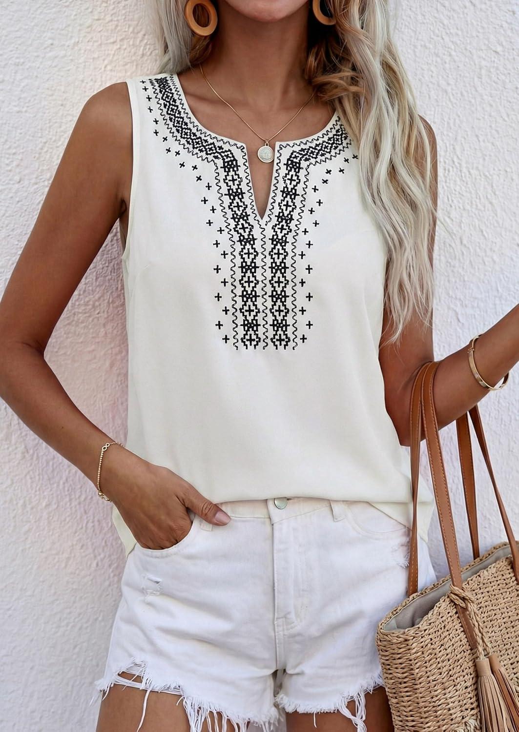 imagePRETTYGARDEN Womens Tank Tops 2026 Summer Causal V Neck Sleeveless Shirts Floral Print Embroidered Beach Vacation Boho TopWhite