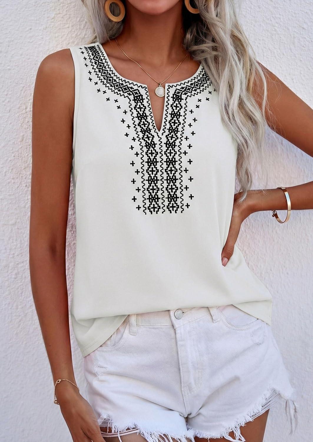 imagePRETTYGARDEN Womens Tank Tops 2026 Summer Causal V Neck Sleeveless Shirts Floral Print Embroidered Beach Vacation Boho TopWhite