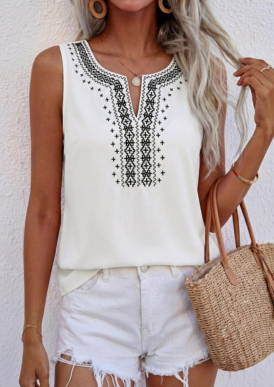 imagePRETTYGARDEN Womens Tank Tops 2026 Summer Causal V Neck Sleeveless Shirts Floral Print Embroidered Beach Vacation Boho TopWhite