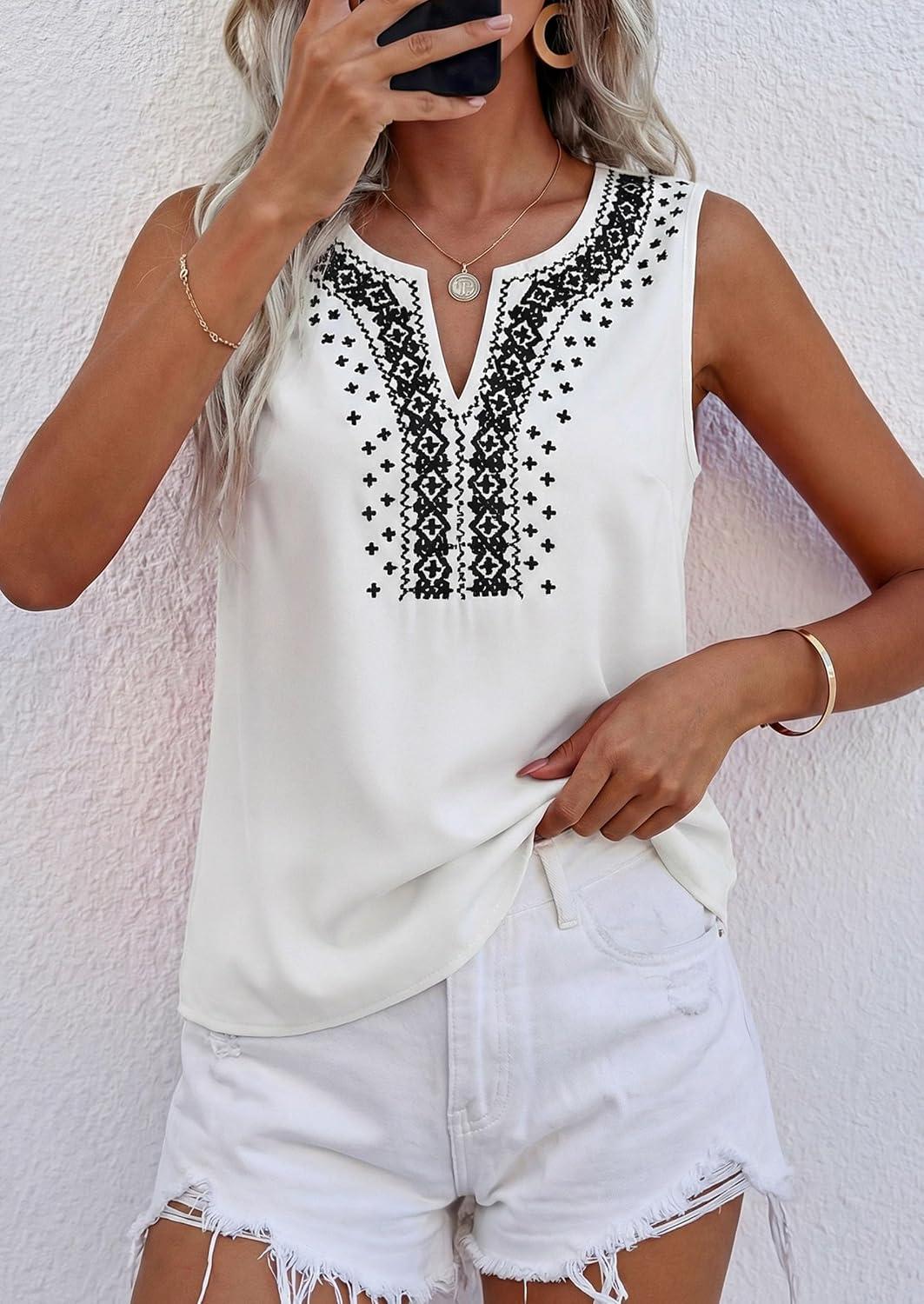 imagePRETTYGARDEN Womens Tank Tops 2026 Summer Causal V Neck Sleeveless Shirts Floral Print Embroidered Beach Vacation Boho TopWhite