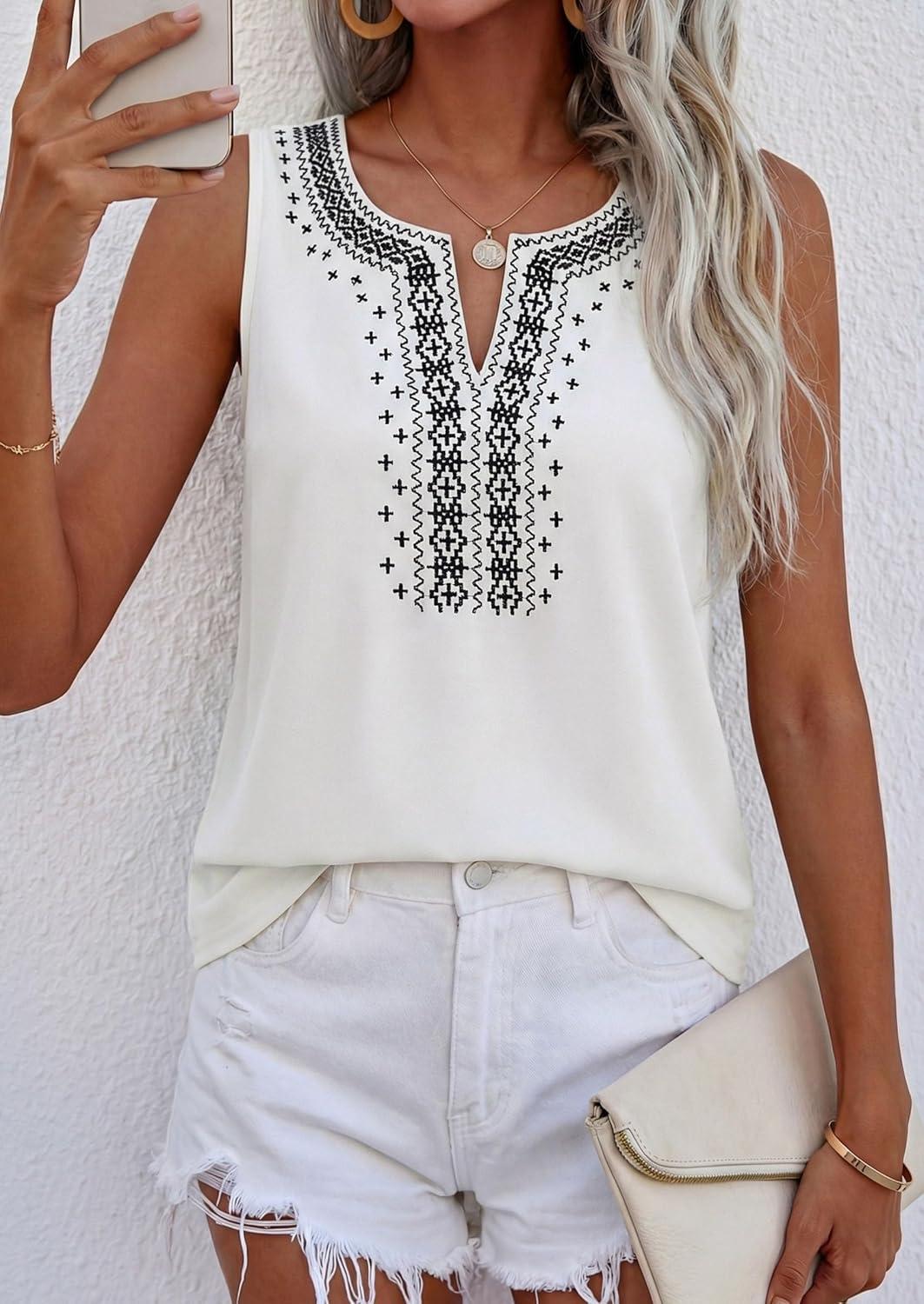 imagePRETTYGARDEN Womens Tank Tops 2026 Summer Causal V Neck Sleeveless Shirts Floral Print Embroidered Beach Vacation Boho TopWhite