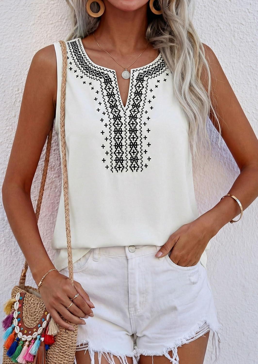 imagePRETTYGARDEN Womens Tank Tops 2026 Summer Causal V Neck Sleeveless Shirts Floral Print Embroidered Beach Vacation Boho TopWhite
