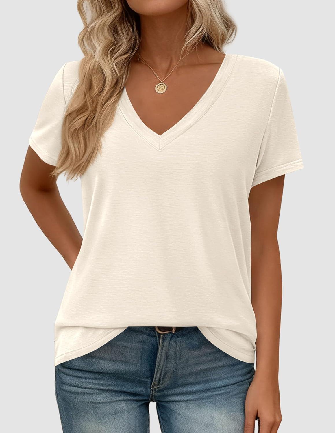 imagePRETTYGARDEN Womens Tops Short Sleeve Oversized Tshirts Shirts 2026 Summer Casual V Neck Loose Basic Tees Spring Tunic BlouseBeige