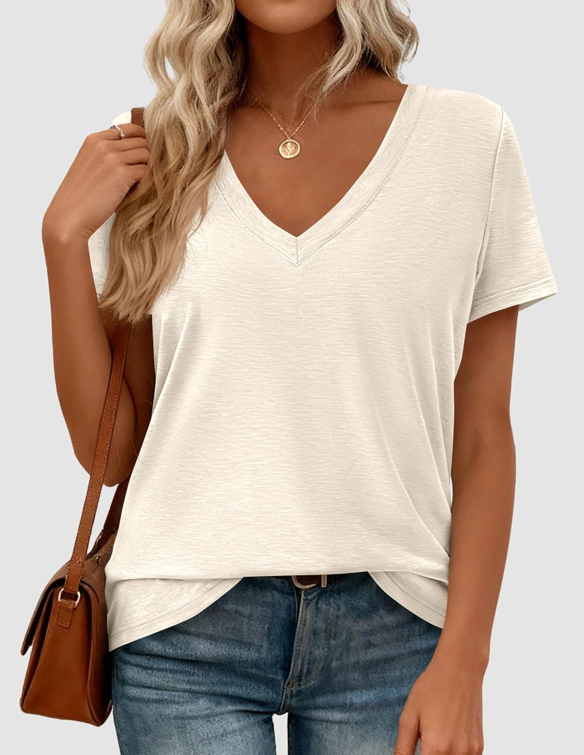 imagePRETTYGARDEN Womens Tops Short Sleeve Oversized Tshirts Shirts 2026 Summer Casual V Neck Loose Basic Tees Spring Tunic BlouseBeige