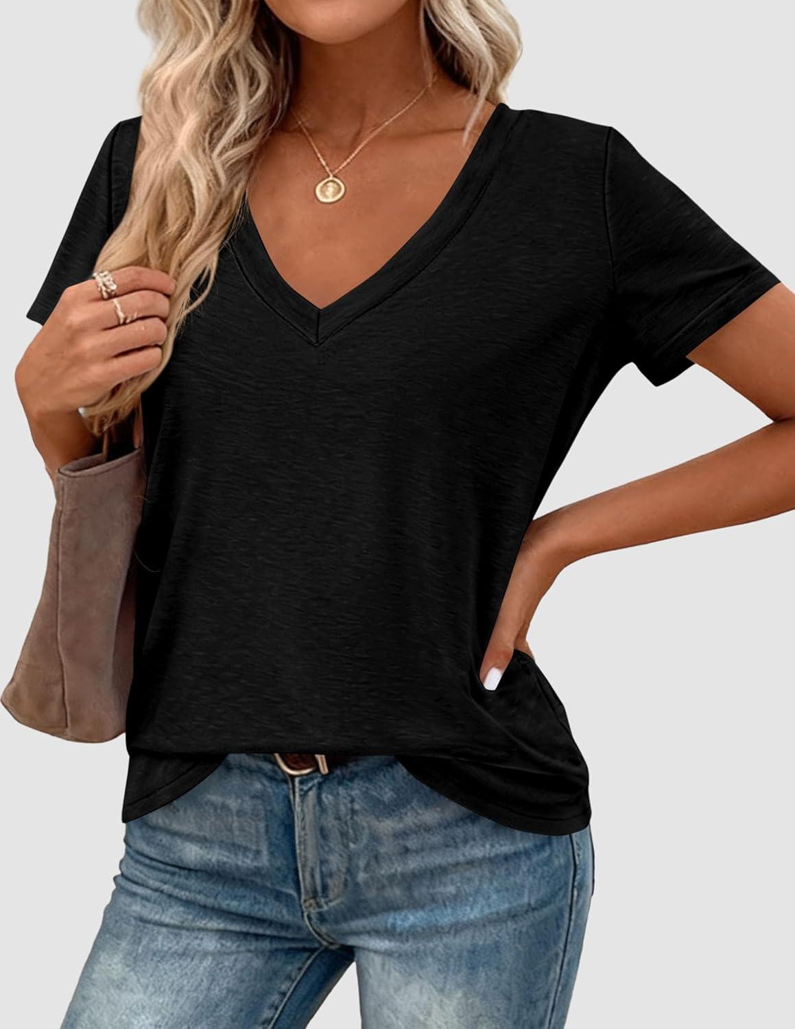 imagePRETTYGARDEN Womens Tops Short Sleeve Oversized Tshirts Shirts 2026 Summer Casual V Neck Loose Basic Tees Spring Tunic BlouseBlack