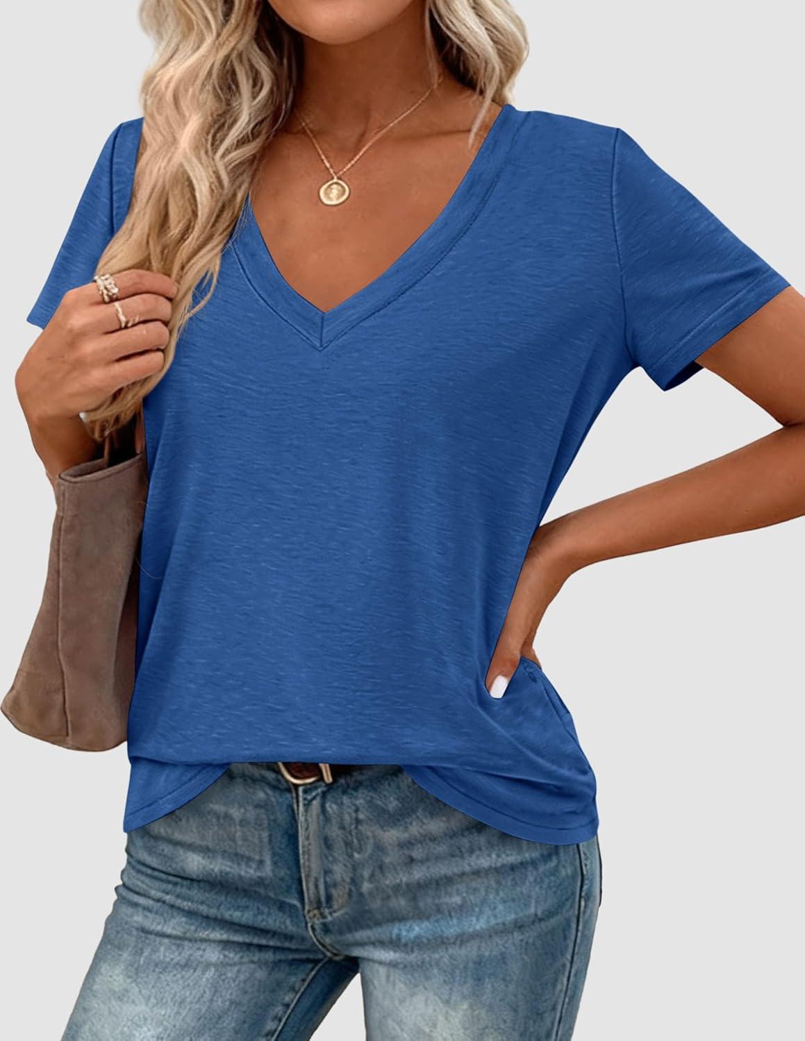 imagePRETTYGARDEN Womens Tops Short Sleeve Oversized Tshirts Shirts 2026 Summer Casual V Neck Loose Basic Tees Spring Tunic BlouseBlue