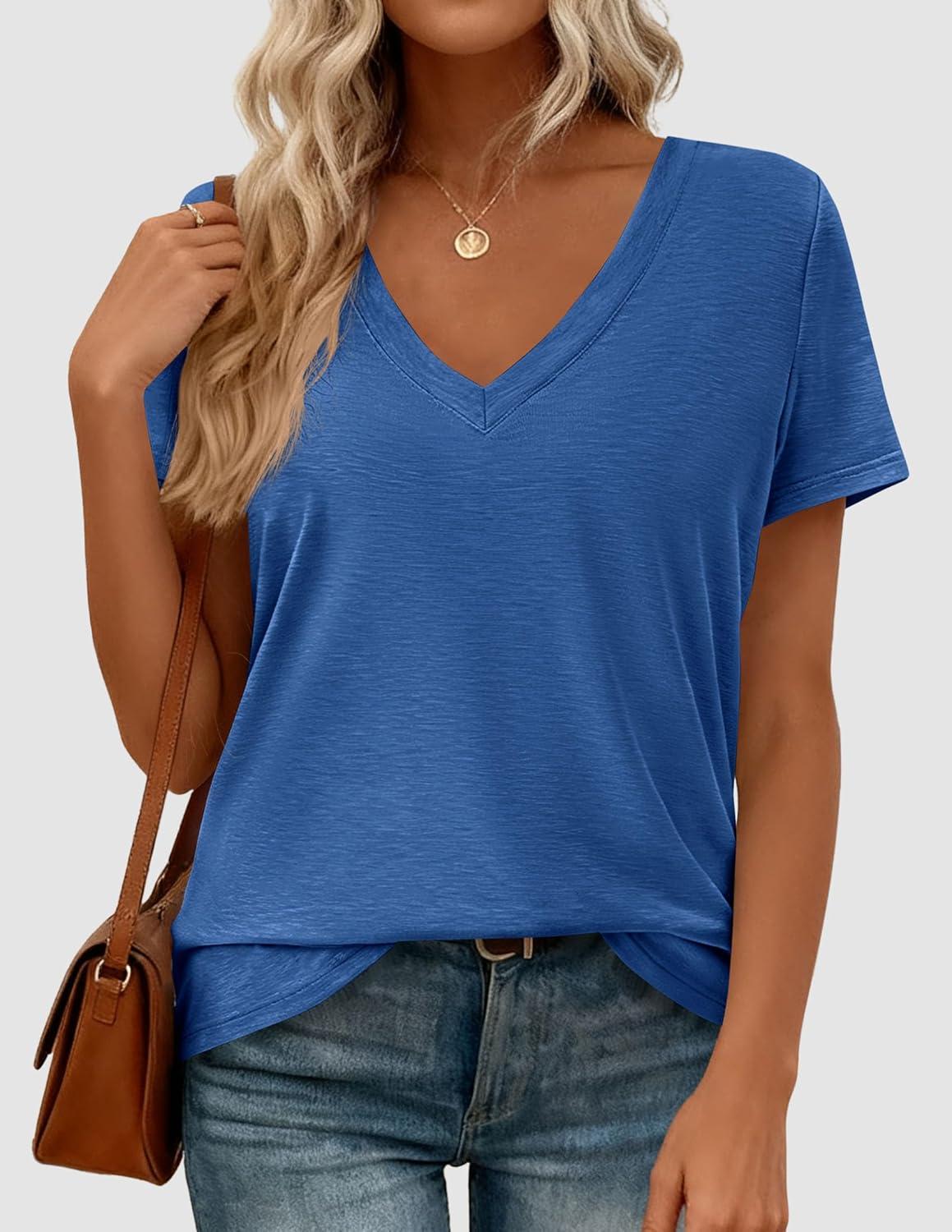 imagePRETTYGARDEN Womens Tops Short Sleeve Oversized Tshirts Shirts 2026 Summer Casual V Neck Loose Basic Tees Spring Tunic BlouseBlue