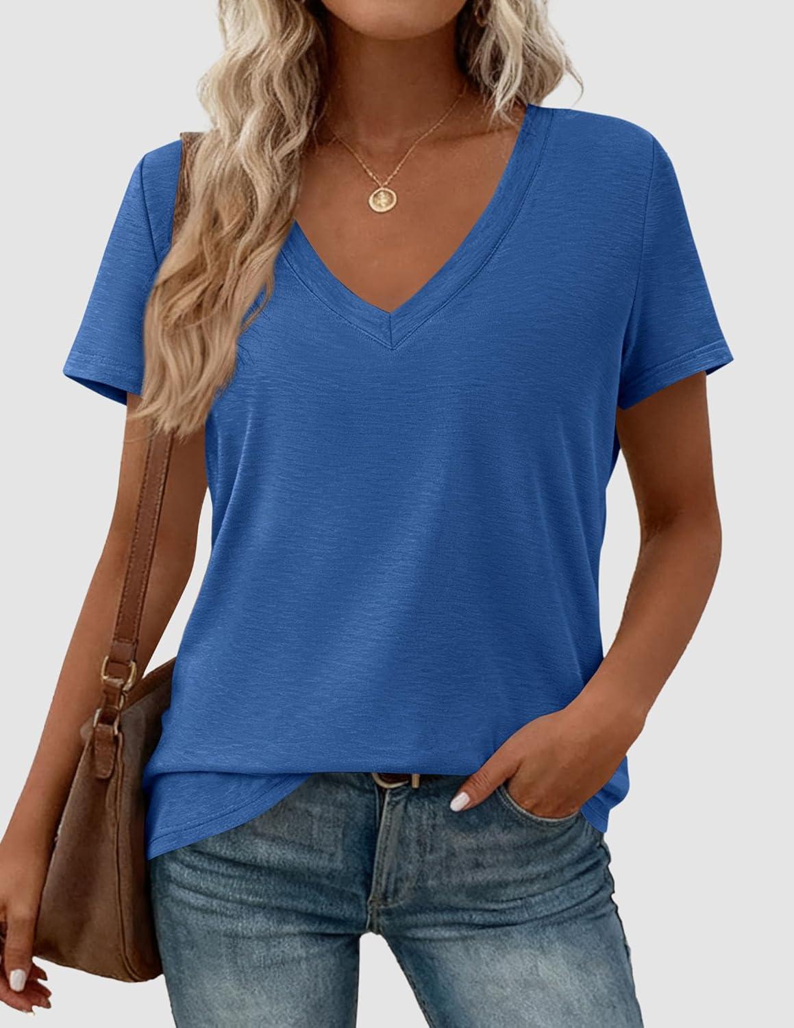 imagePRETTYGARDEN Womens Tops Short Sleeve Oversized Tshirts Shirts 2026 Summer Casual V Neck Loose Basic Tees Spring Tunic BlouseBlue