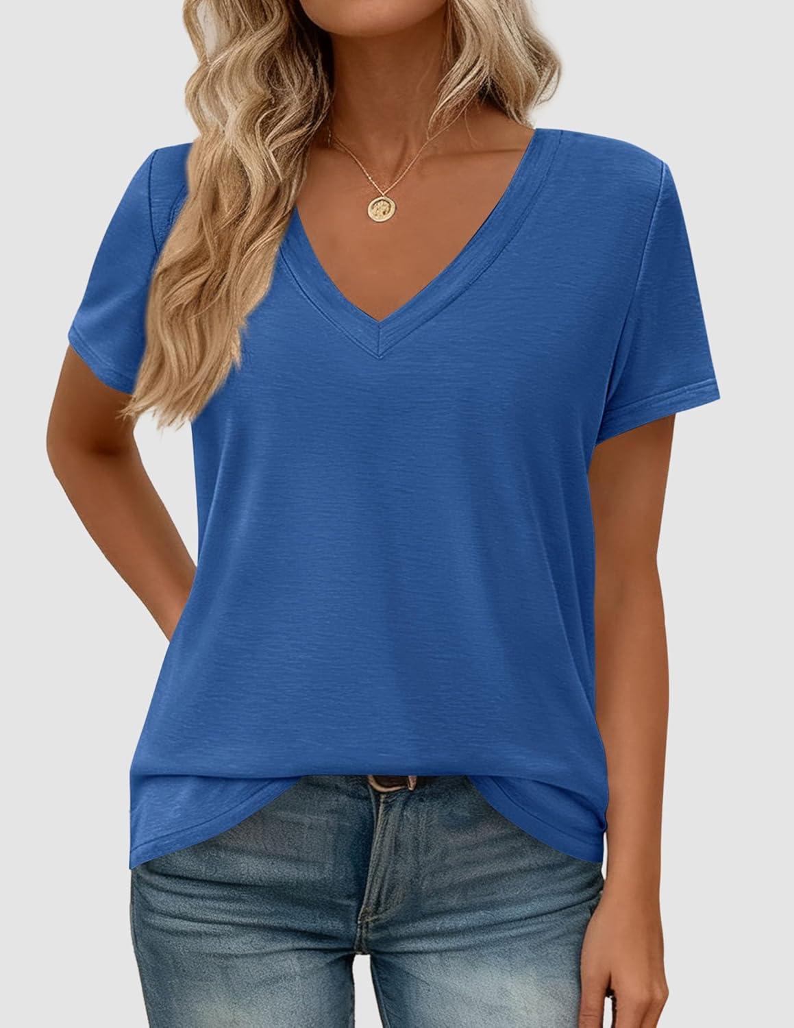 imagePRETTYGARDEN Womens Tops Short Sleeve Oversized Tshirts Shirts 2026 Summer Casual V Neck Loose Basic Tees Spring Tunic BlouseBlue