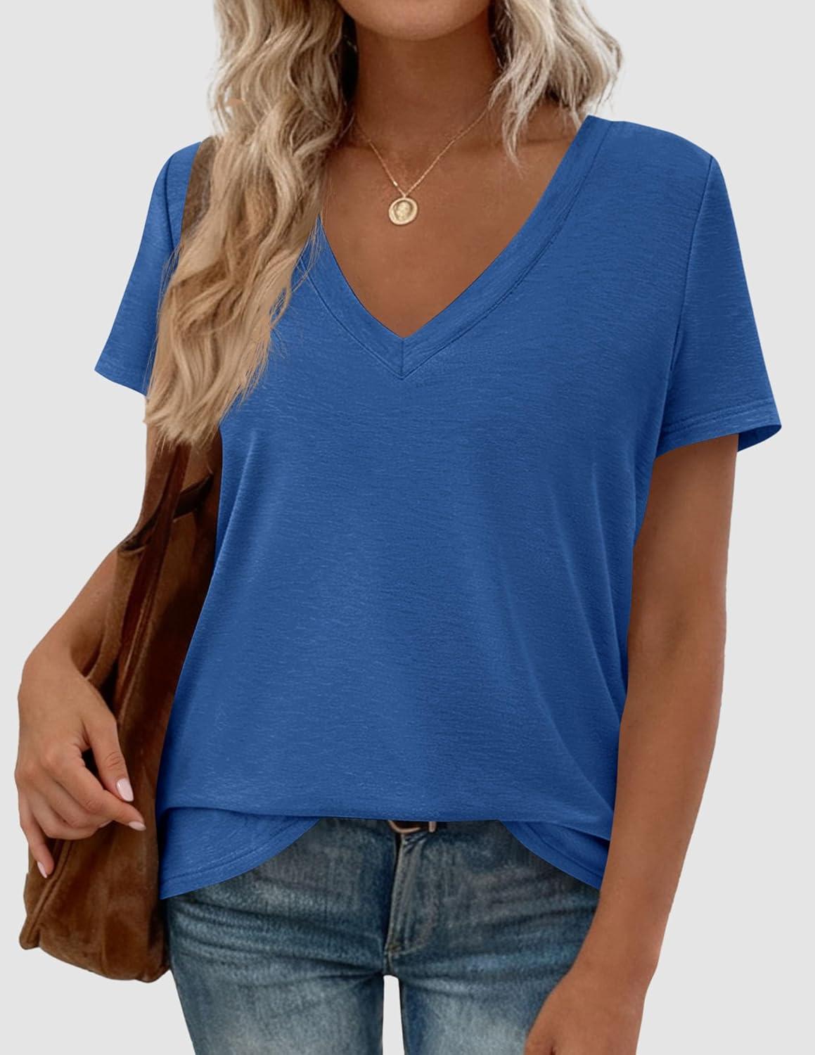 imagePRETTYGARDEN Womens Tops Short Sleeve Oversized Tshirts Shirts 2026 Summer Casual V Neck Loose Basic Tees Spring Tunic BlouseBlue