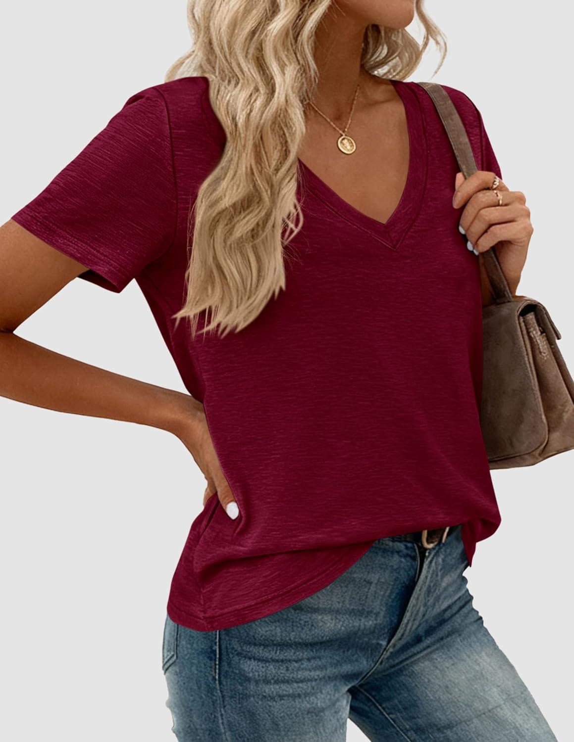imagePRETTYGARDEN Womens Tops Short Sleeve Oversized Tshirts Shirts 2026 Summer Casual V Neck Loose Basic Tees Spring Tunic BlouseBurgundy