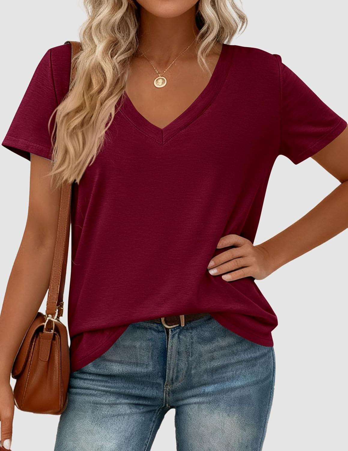 imagePRETTYGARDEN Womens Tops Short Sleeve Oversized Tshirts Shirts 2026 Summer Casual V Neck Loose Basic Tees Spring Tunic BlouseBurgundy