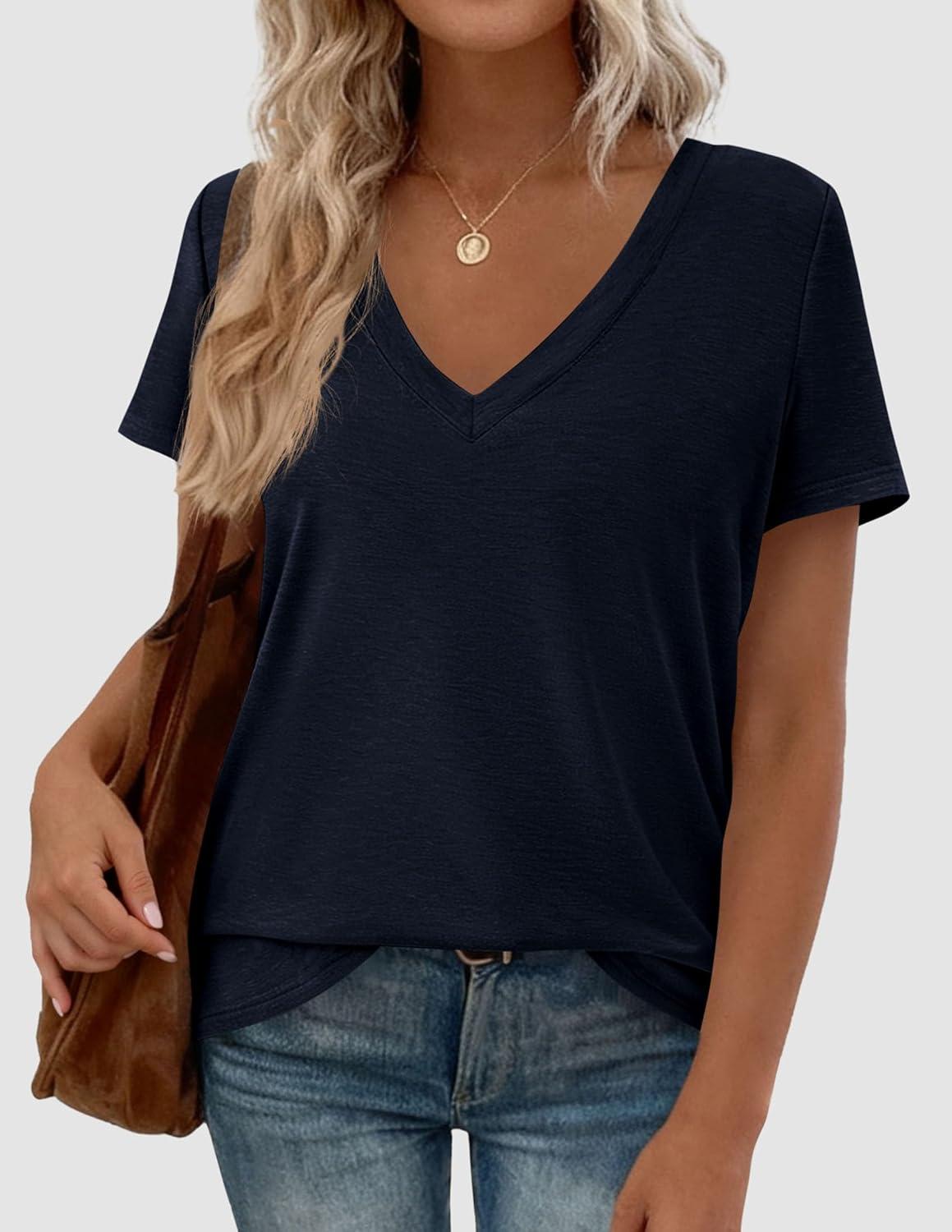 imagePRETTYGARDEN Womens Tops Short Sleeve Oversized Tshirts Shirts 2026 Summer Casual V Neck Loose Basic Tees Spring Tunic BlouseDark Blue