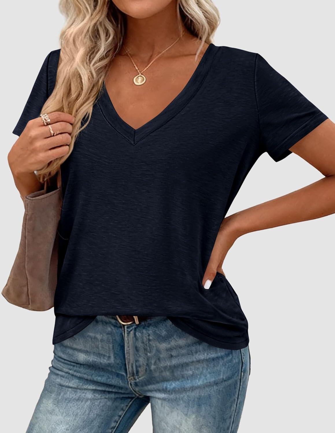 imagePRETTYGARDEN Womens Tops Short Sleeve Oversized Tshirts Shirts 2026 Summer Casual V Neck Loose Basic Tees Spring Tunic BlouseDark Blue