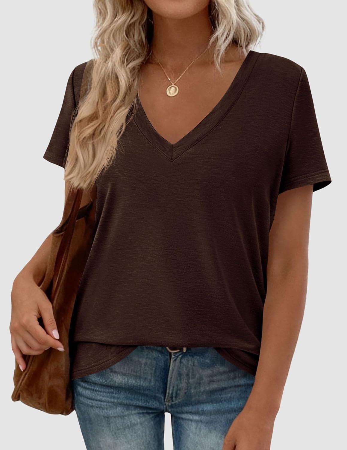 imagePRETTYGARDEN Womens Tops Short Sleeve Oversized Tshirts Shirts 2026 Summer Casual V Neck Loose Basic Tees Spring Tunic BlouseDark Brown
