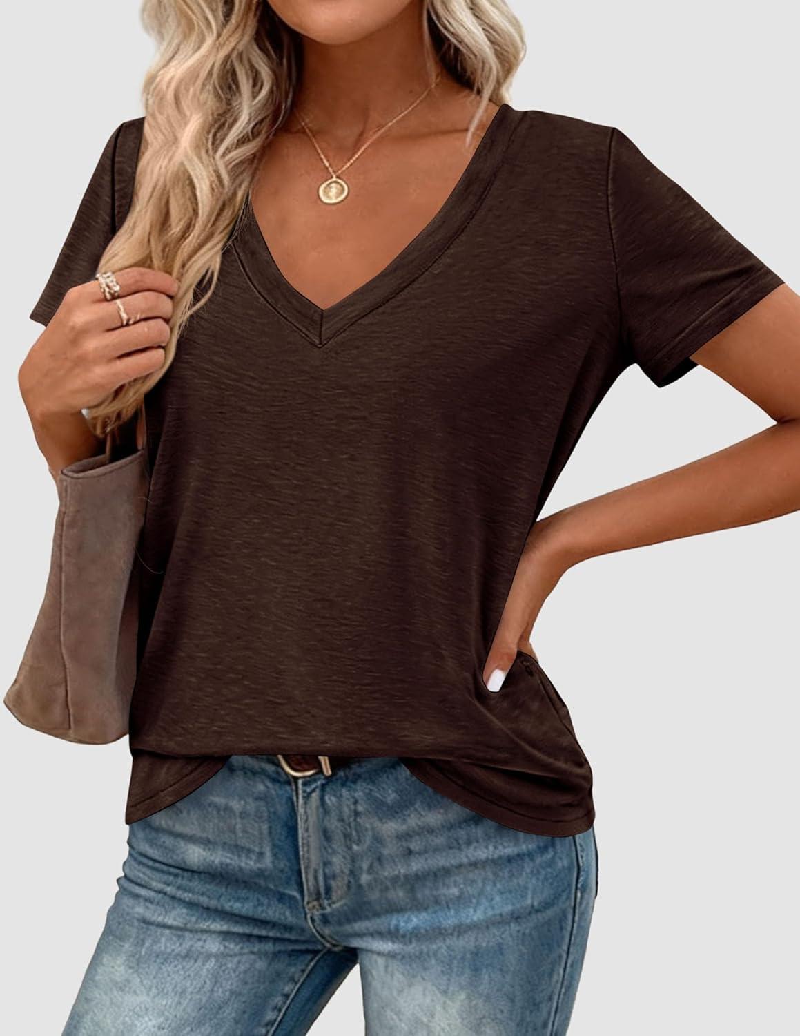 imagePRETTYGARDEN Womens Tops Short Sleeve Oversized Tshirts Shirts 2026 Summer Casual V Neck Loose Basic Tees Spring Tunic BlouseDark Brown
