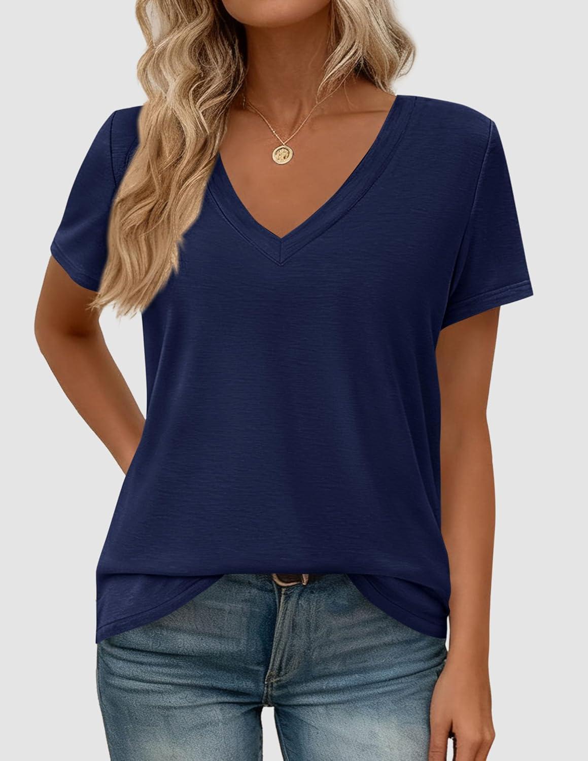 imagePRETTYGARDEN Womens Tops Short Sleeve Oversized Tshirts Shirts 2026 Summer Casual V Neck Loose Basic Tees Spring Tunic BlouseNavy Blue