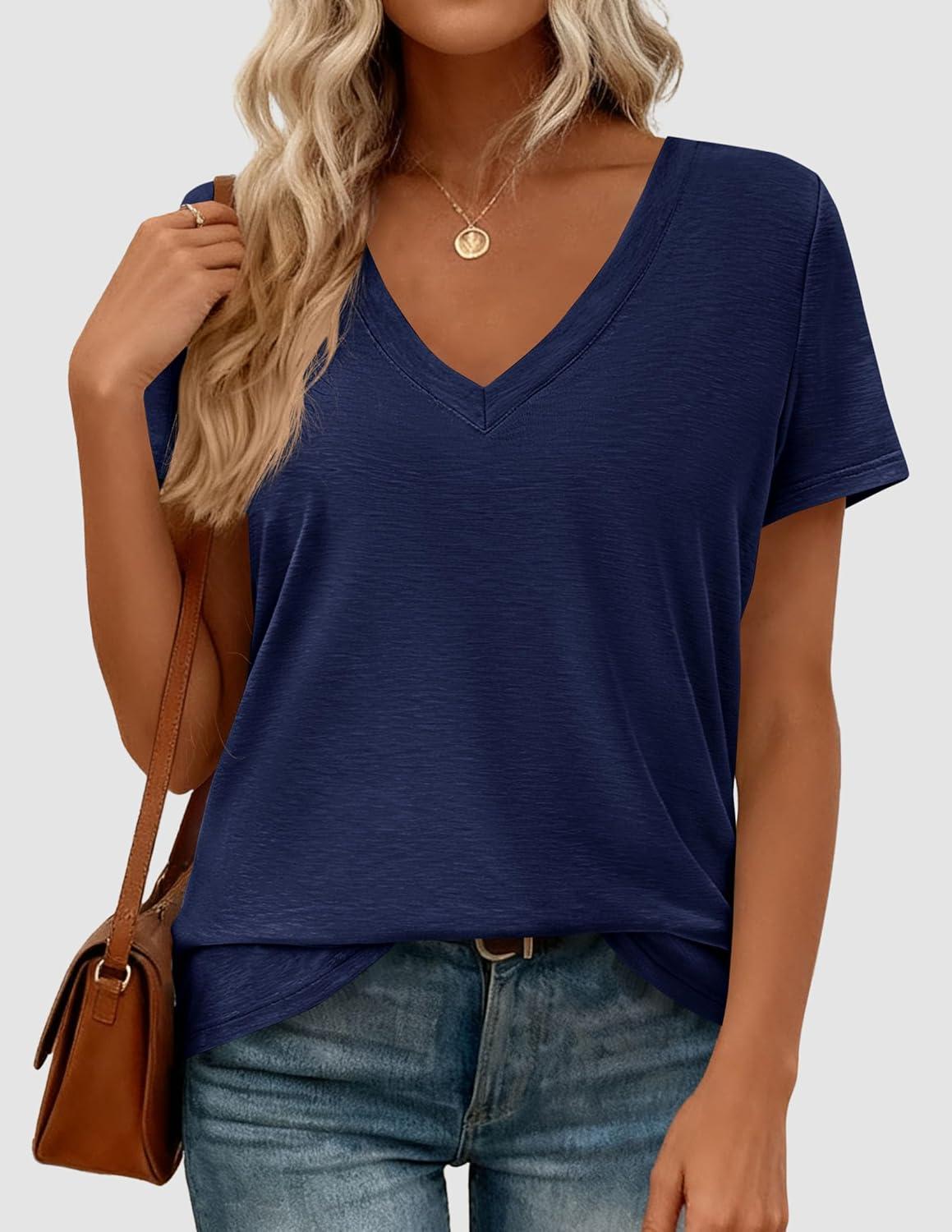 imagePRETTYGARDEN Womens Tops Short Sleeve Oversized Tshirts Shirts 2026 Summer Casual V Neck Loose Basic Tees Spring Tunic BlouseNavy Blue