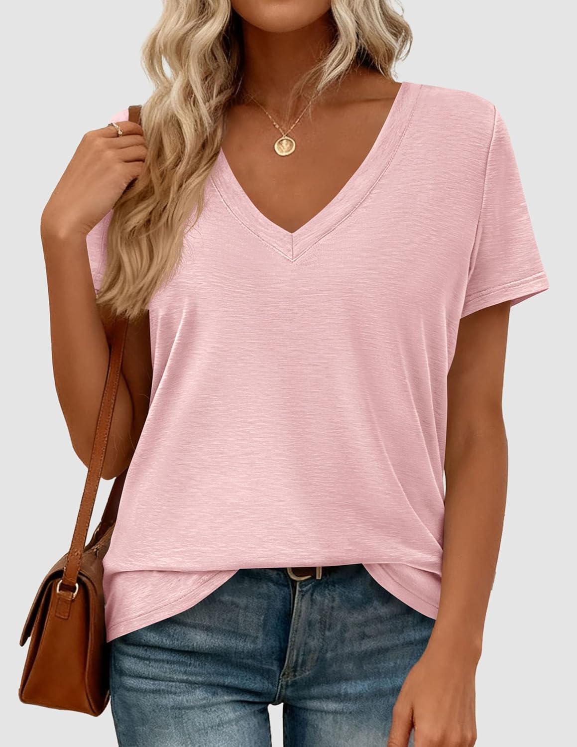 imagePRETTYGARDEN Womens Tops Short Sleeve Oversized Tshirts Shirts 2026 Summer Casual V Neck Loose Basic Tees Spring Tunic BlousePink