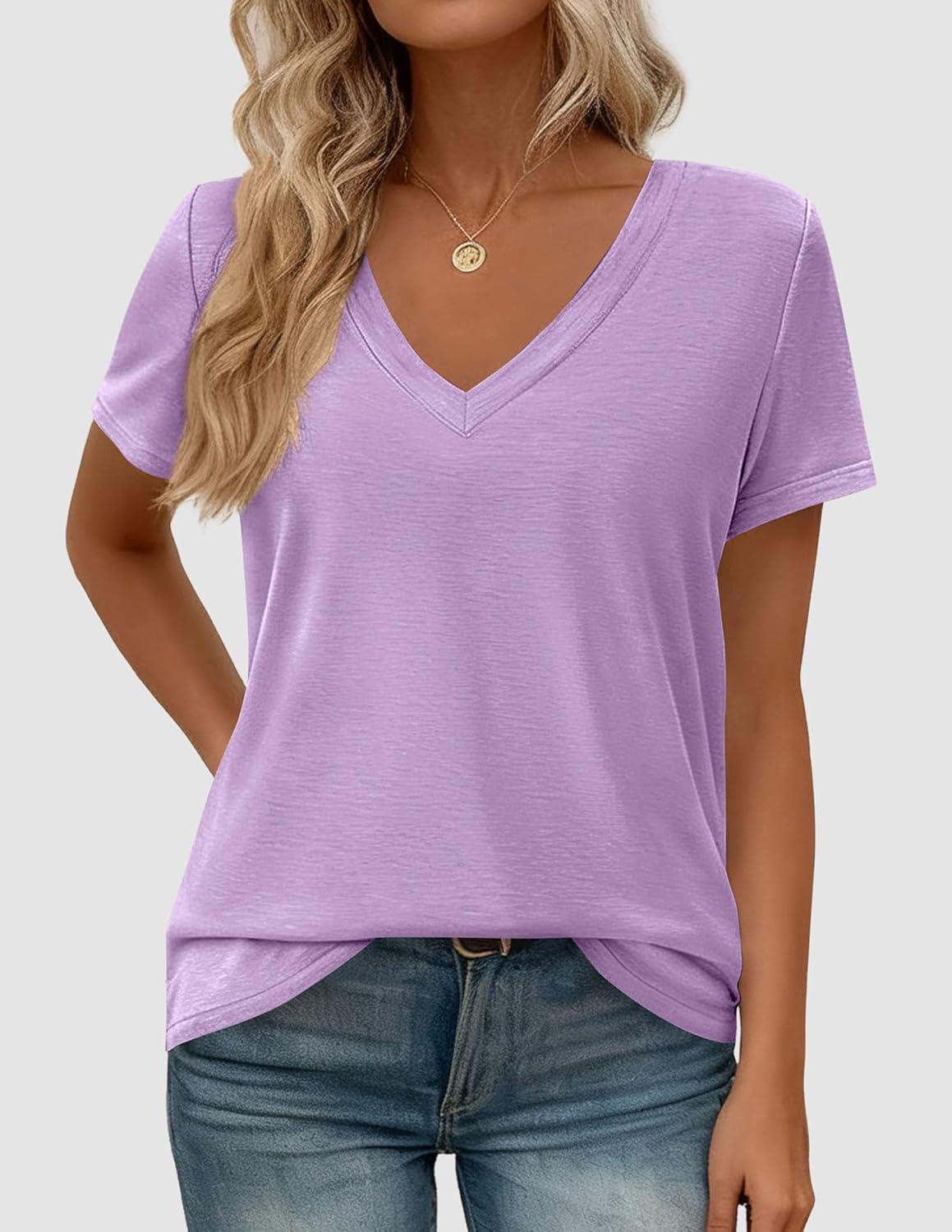imagePRETTYGARDEN Womens Tops Short Sleeve Oversized Tshirts Shirts 2026 Summer Casual V Neck Loose Basic Tees Spring Tunic BlousePurple