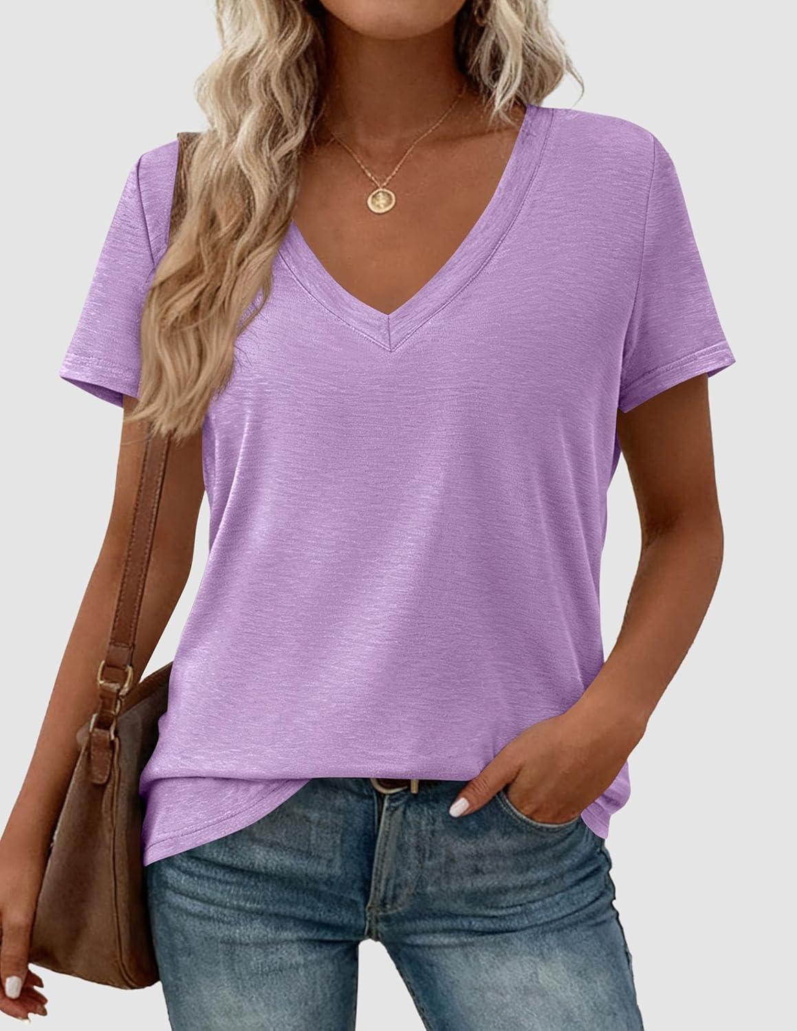imagePRETTYGARDEN Womens Tops Short Sleeve Oversized Tshirts Shirts 2026 Summer Casual V Neck Loose Basic Tees Spring Tunic BlousePurple